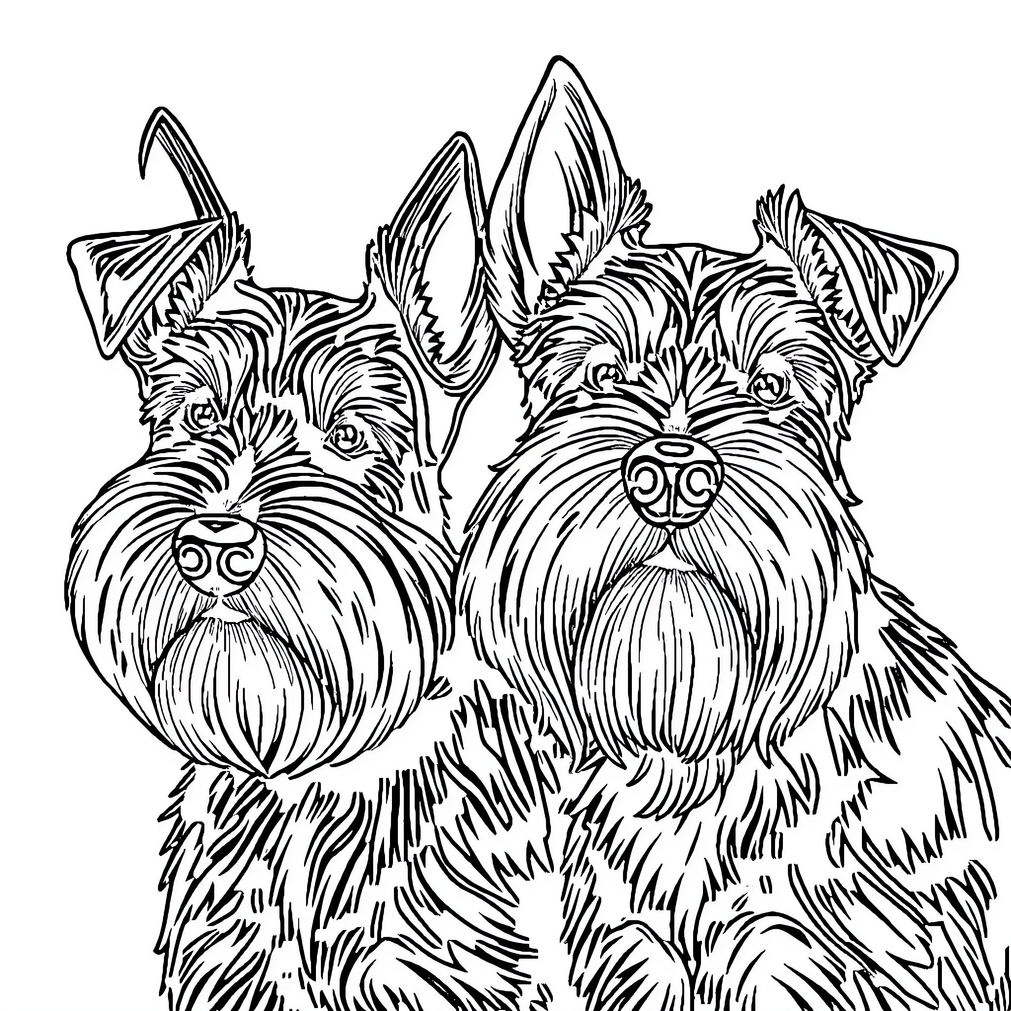 Schnauzer companions enjoying a lively moment Coloring Page (free black-and-white line drawing printable PDF for all, from beginners to advanced learners, including children, teens, adults, and seniors)