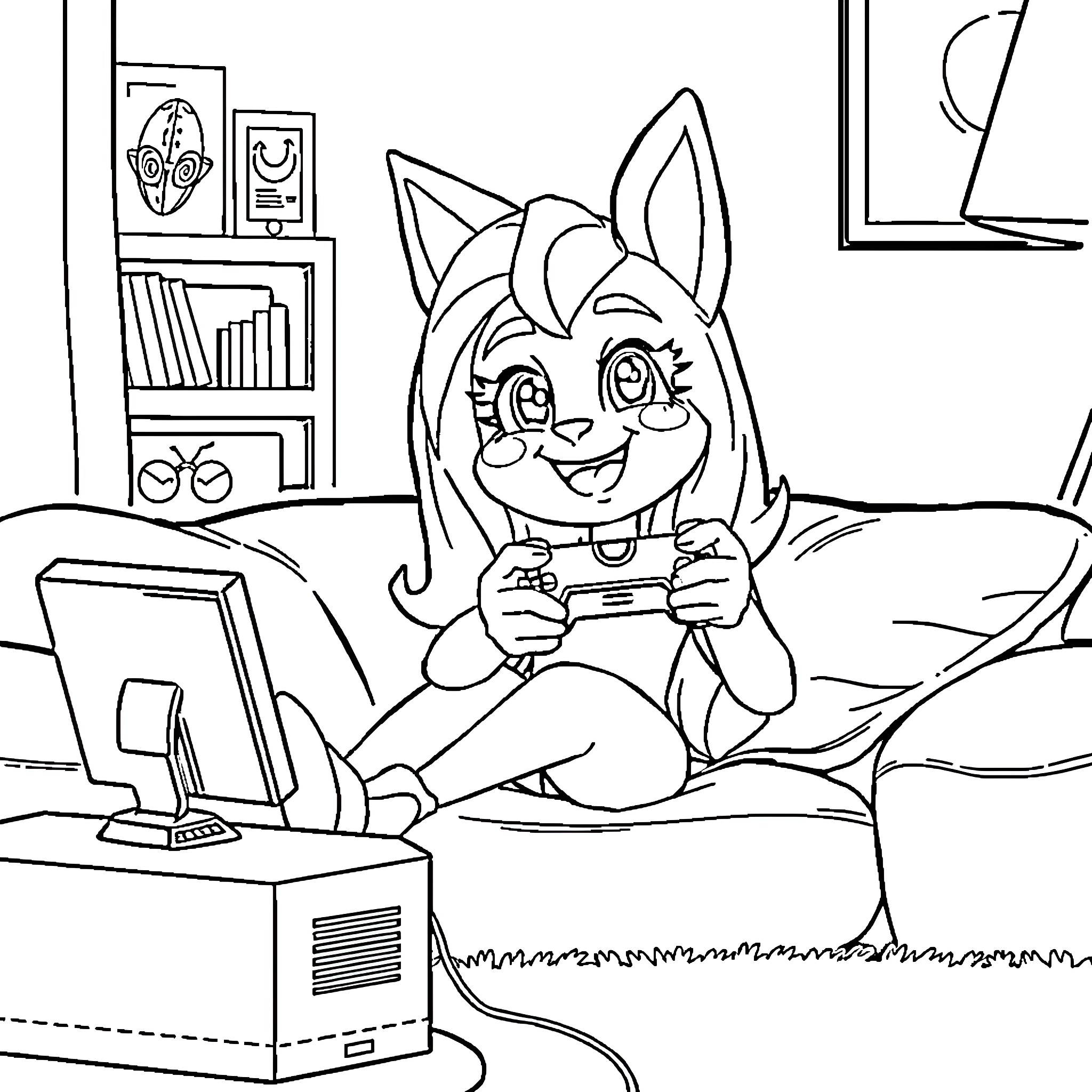 Loona playing video games with joy Coloring Page (free black-and-white line drawing printable PDF for all, from beginners to advanced learners, including children, teens, adults, and seniors)