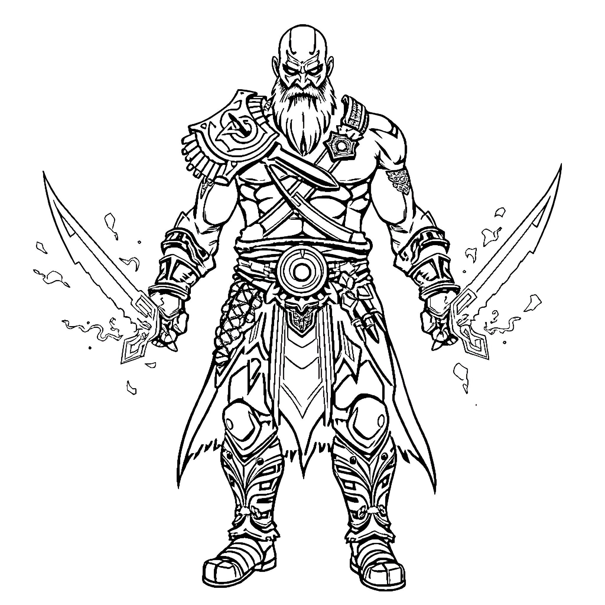 Kratos, the Powerful Warrior in Combat Stance Coloring Page (free black-and-white line drawing printable PDF for all, from beginners to advanced learners, including children, teens, adults, and seniors)