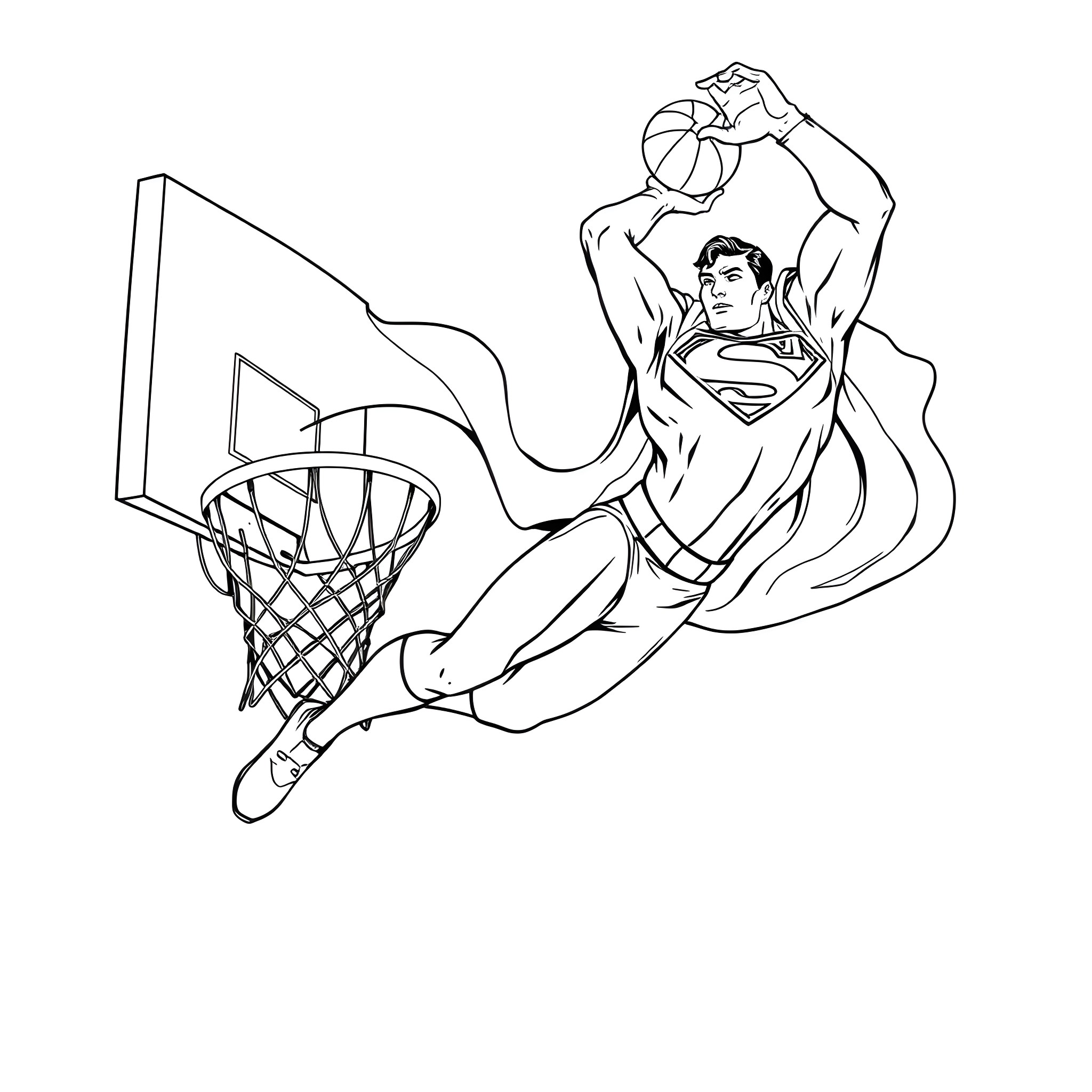 Superman soaring to dunk the basketball Coloring Page (free black-and-white line drawing printable PDF for all, from beginners to advanced learners, including children, teens, adults, and seniors)