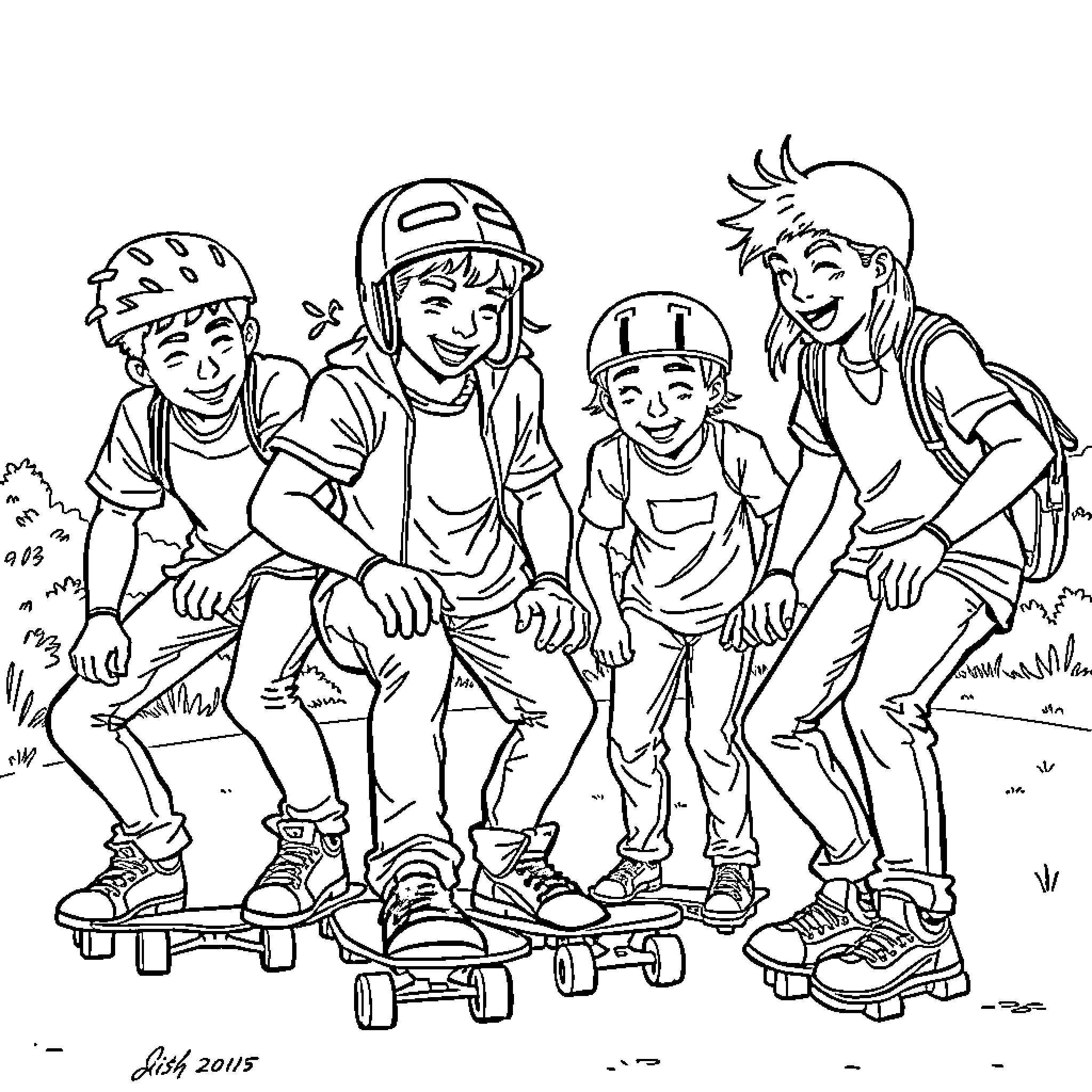 Skateboard fun with friends on the sidewalk Coloring Page (free black-and-white line drawing printable PDF for all, from beginners to advanced learners, including children, teens, adults, and seniors)