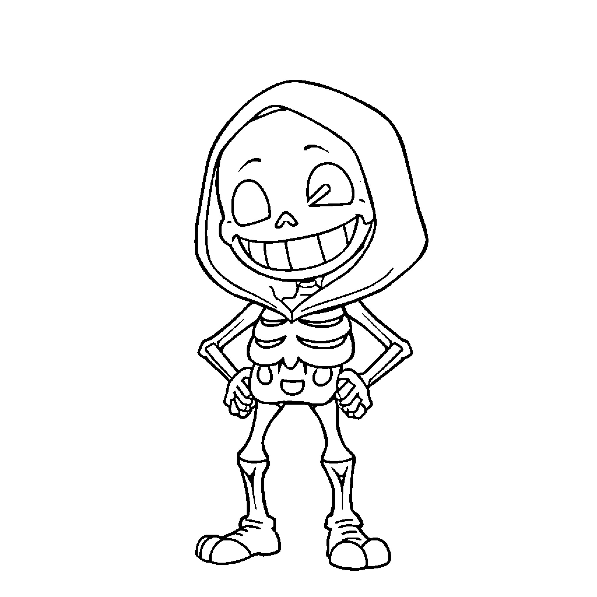 Sans grinning skeleton in casual outfit Coloring Page (free black-and-white line drawing printable PDF for all, from beginners to advanced learners, including children, teens, adults, and seniors)