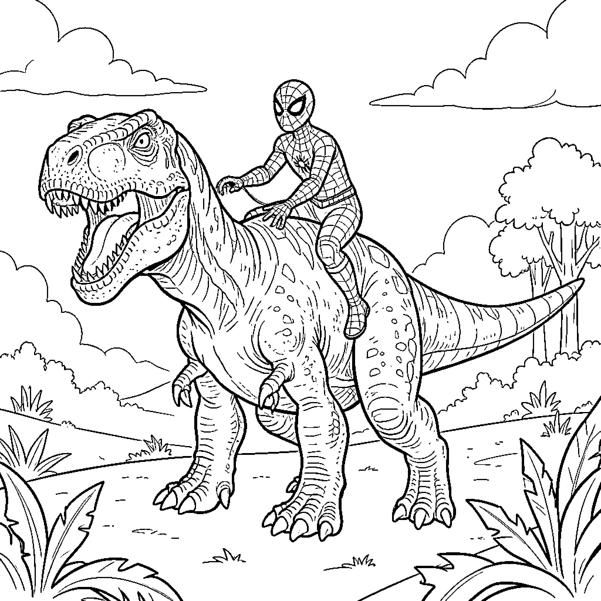Spidey riding a large dinosaur through a prehistoric landscape Coloring Page (free black-and-white line drawing printable PDF for all, from beginners to advanced learners, including children, teens, adults, and seniors)