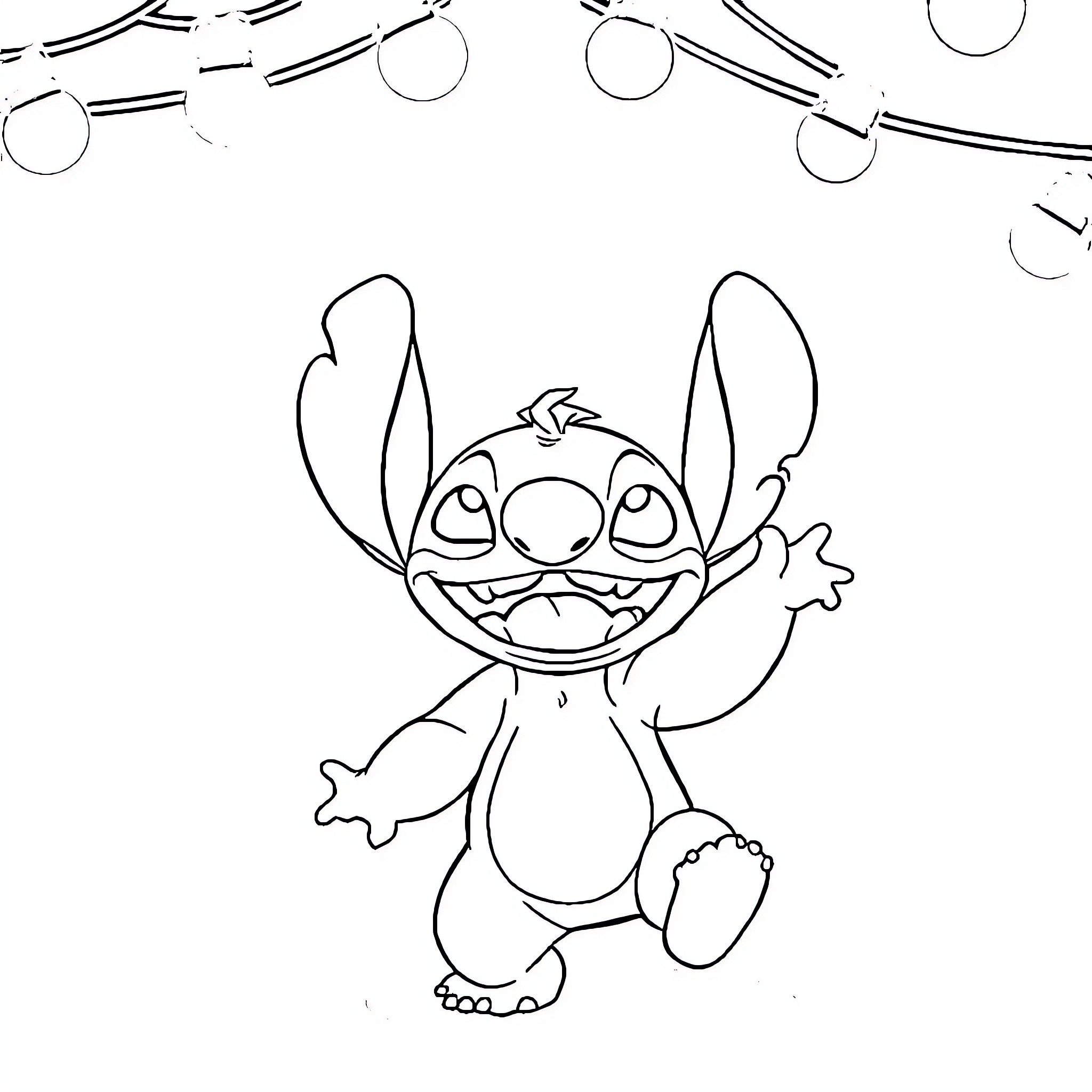 Stitch waving and smiling excitedly Coloring Page (free black-and-white line drawing printable PDF for all, from beginners to advanced learners, including children, teens, adults, and seniors)
