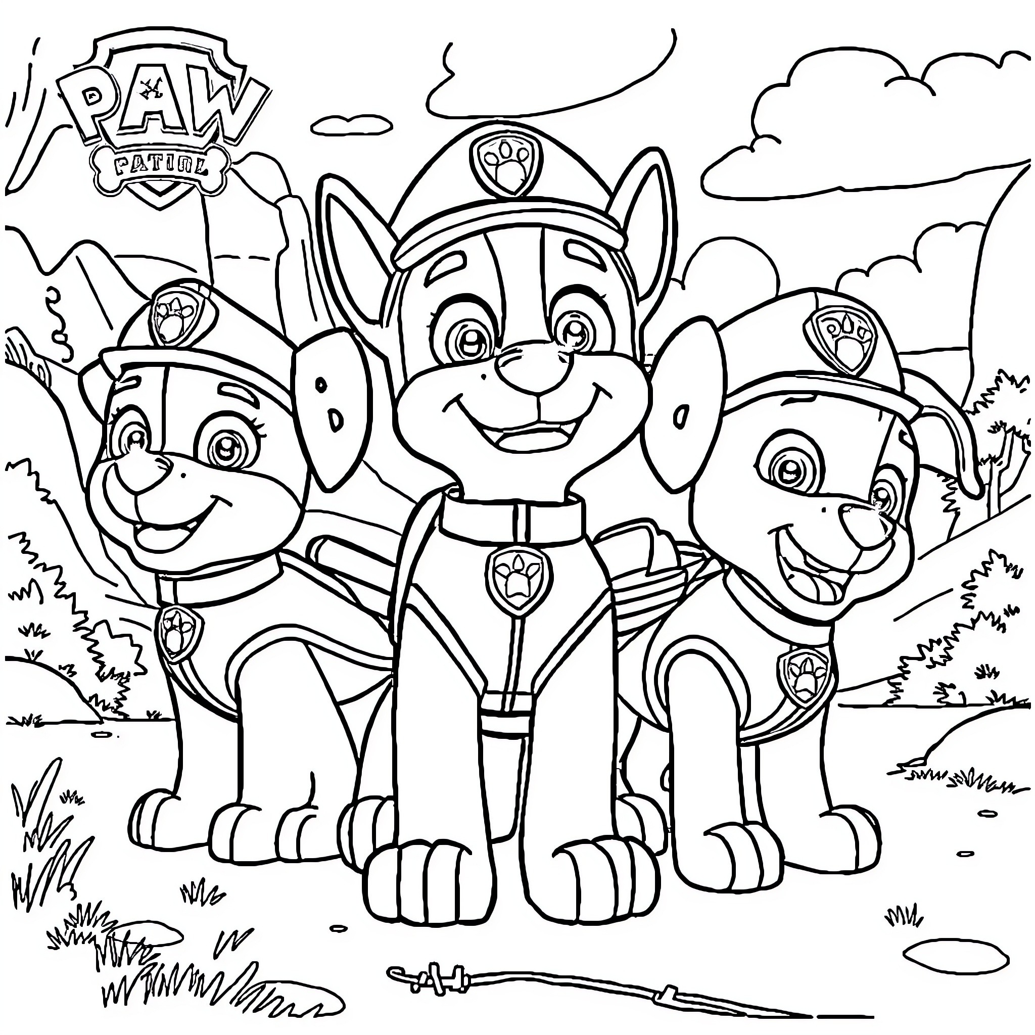 Paw Patrol Team Smiling Together in the Outdoors Coloring Page (free black-and-white line drawing printable PDF for all, from beginners to advanced learners, including children, teens, adults, and seniors)