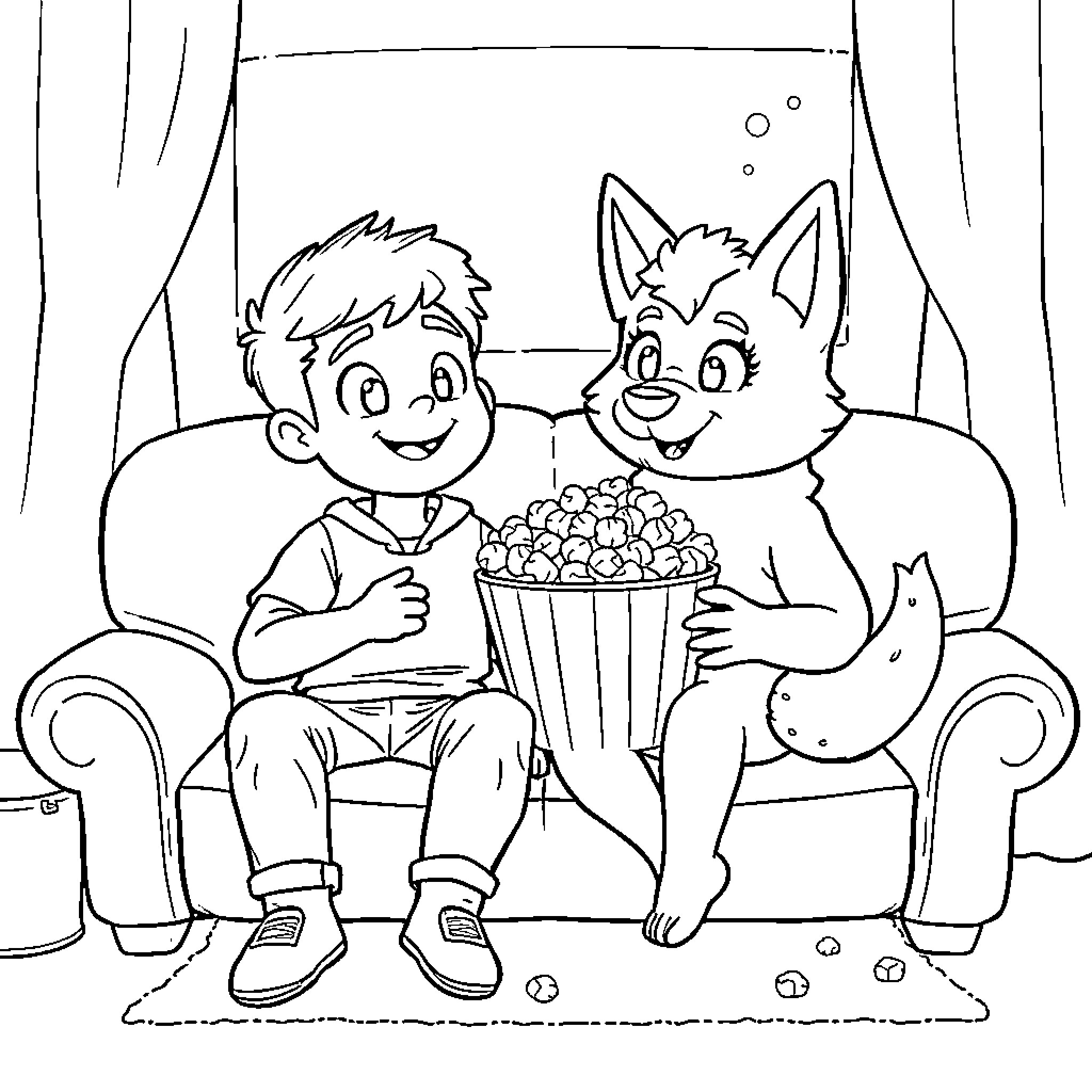 Tyler and his furry friend enjoy snacks on the couch Coloring Page (free black-and-white line drawing printable PDF for all, from beginners to advanced learners, including children, teens, adults, and seniors)
