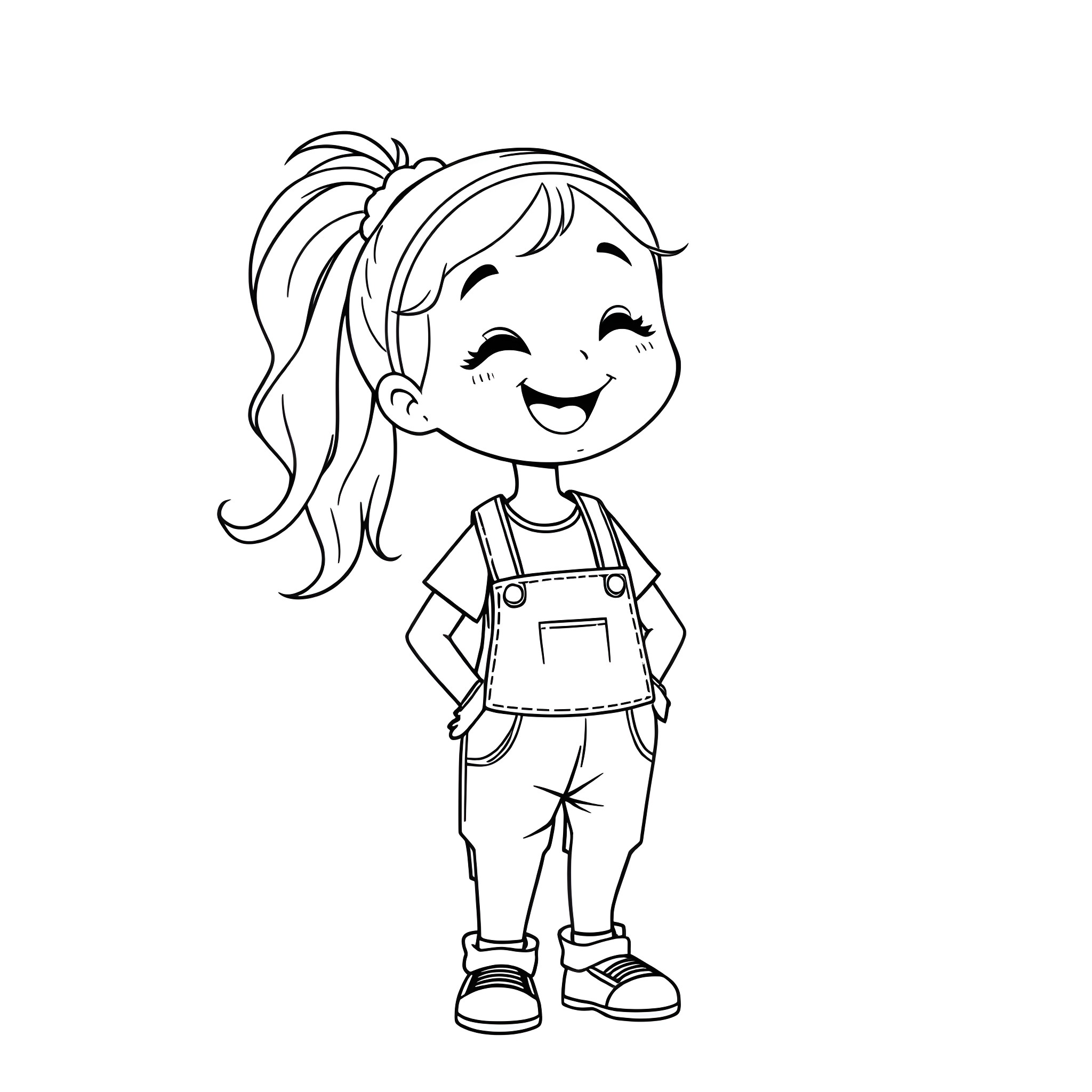 Girl in overalls smiling happily Coloring Page (free black-and-white line drawing printable PDF for all, from beginners to advanced learners, including children, teens, adults, and seniors)