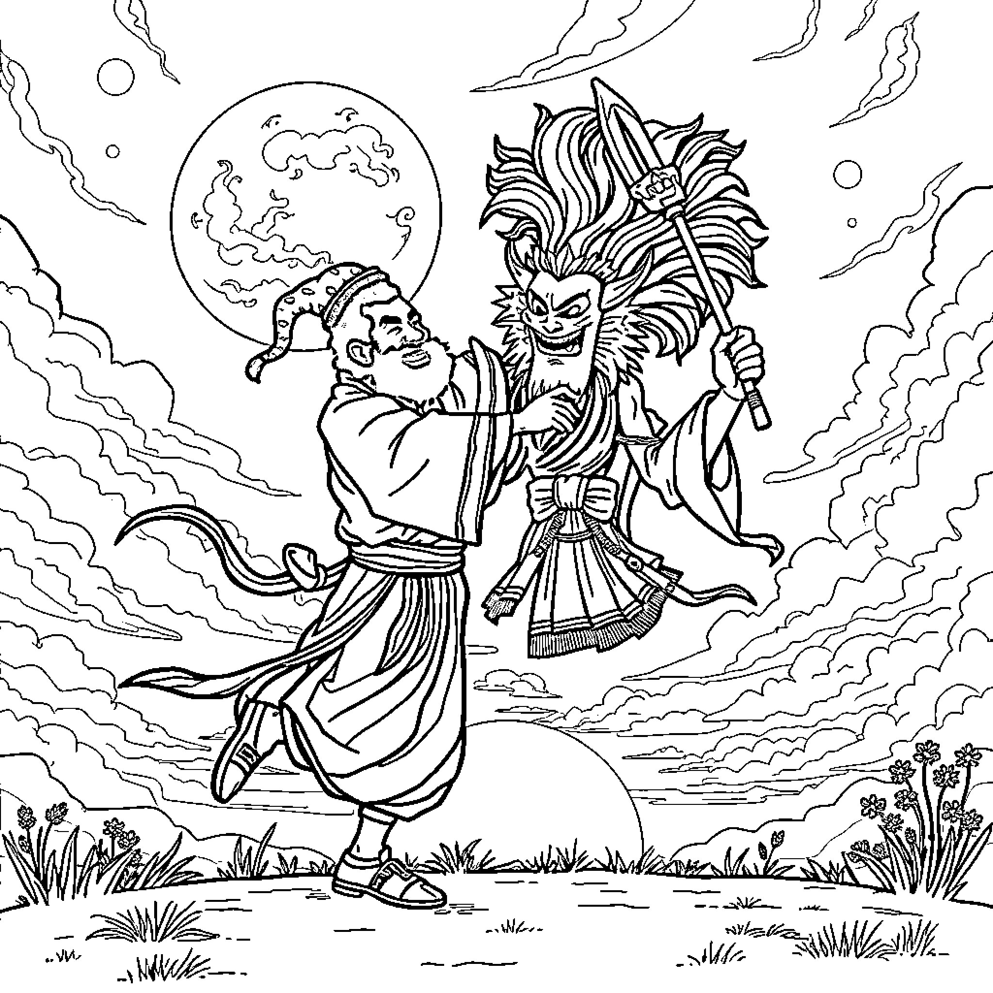 Anpanman confronting a menacing foe in the moonlit night Coloring Page (free black-and-white line drawing printable PDF for all, from beginners to advanced learners, including children, teens, adults, and seniors)