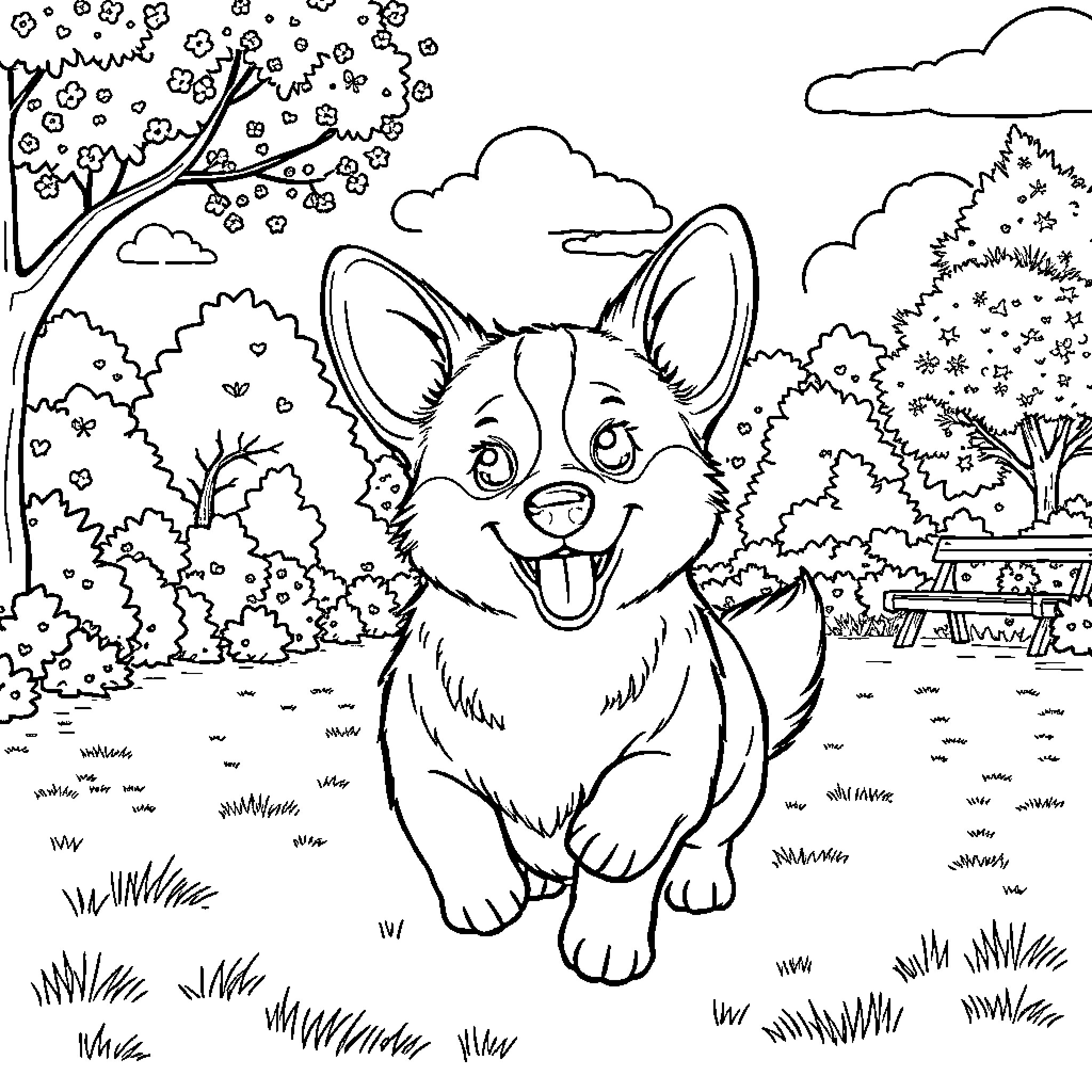 Corgi playing happily in the spring landscape Coloring Page (free black-and-white line drawing printable PDF for all, from beginners to advanced learners, including children, teens, adults, and seniors)
