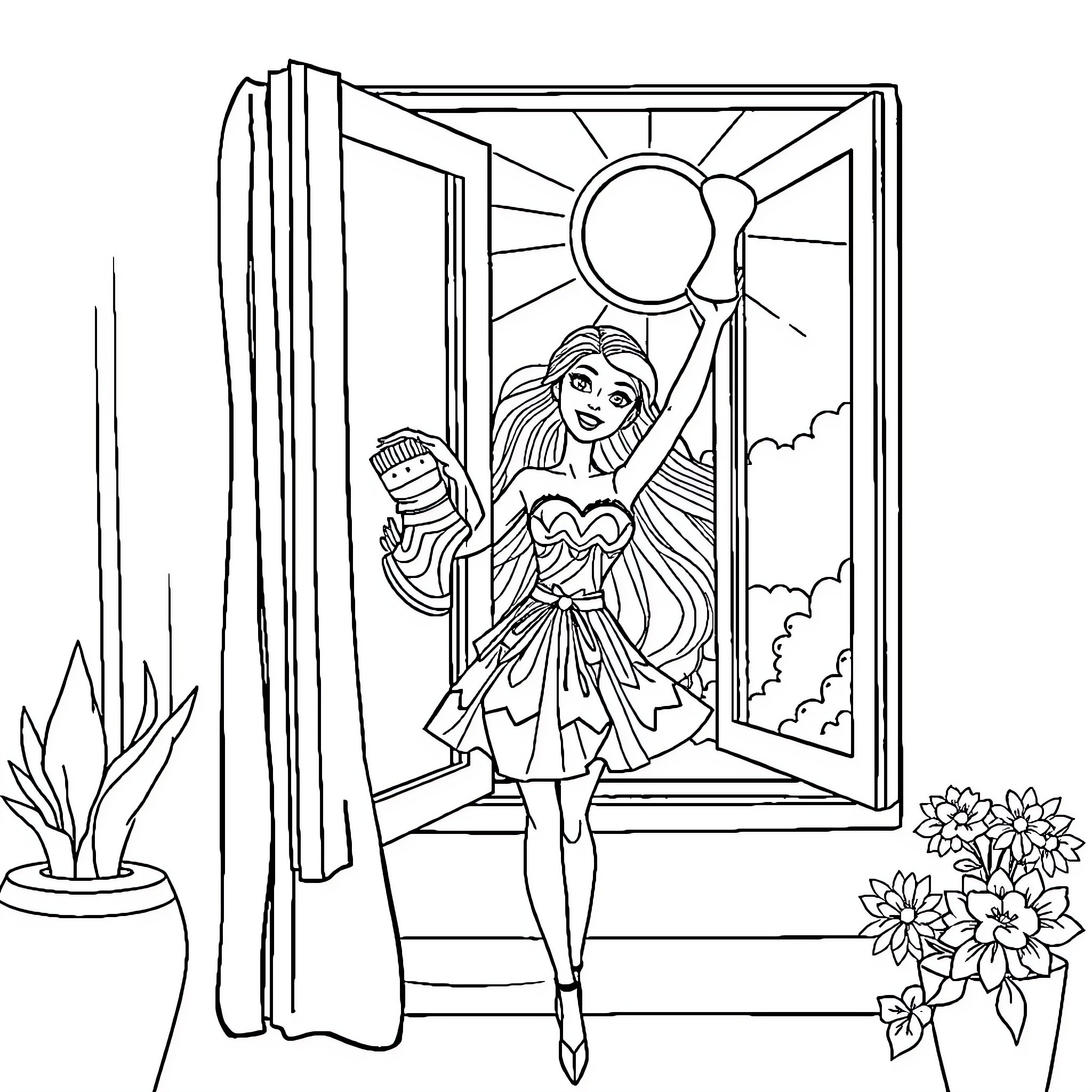 Barbie Dancing Joyfully by Sunny Window Coloring Page (free black-and-white line drawing printable PDF for all, from beginners to advanced learners, including children, teens, adults, and seniors)