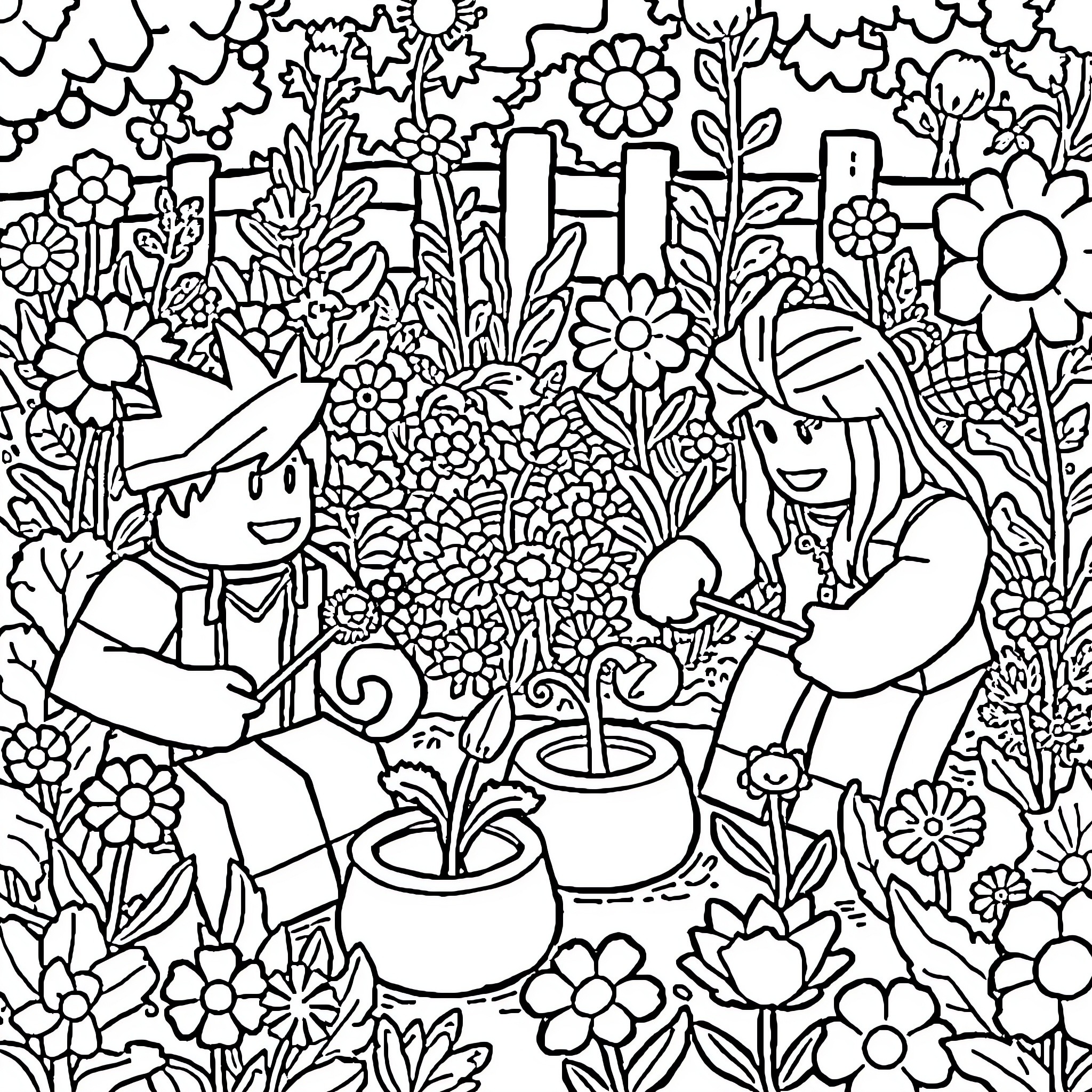 Roblox Characters Gardening in Flower Garden Coloring Page (free black-and-white line drawing printable PDF for all, from beginners to advanced learners, including children, teens, adults, and seniors)