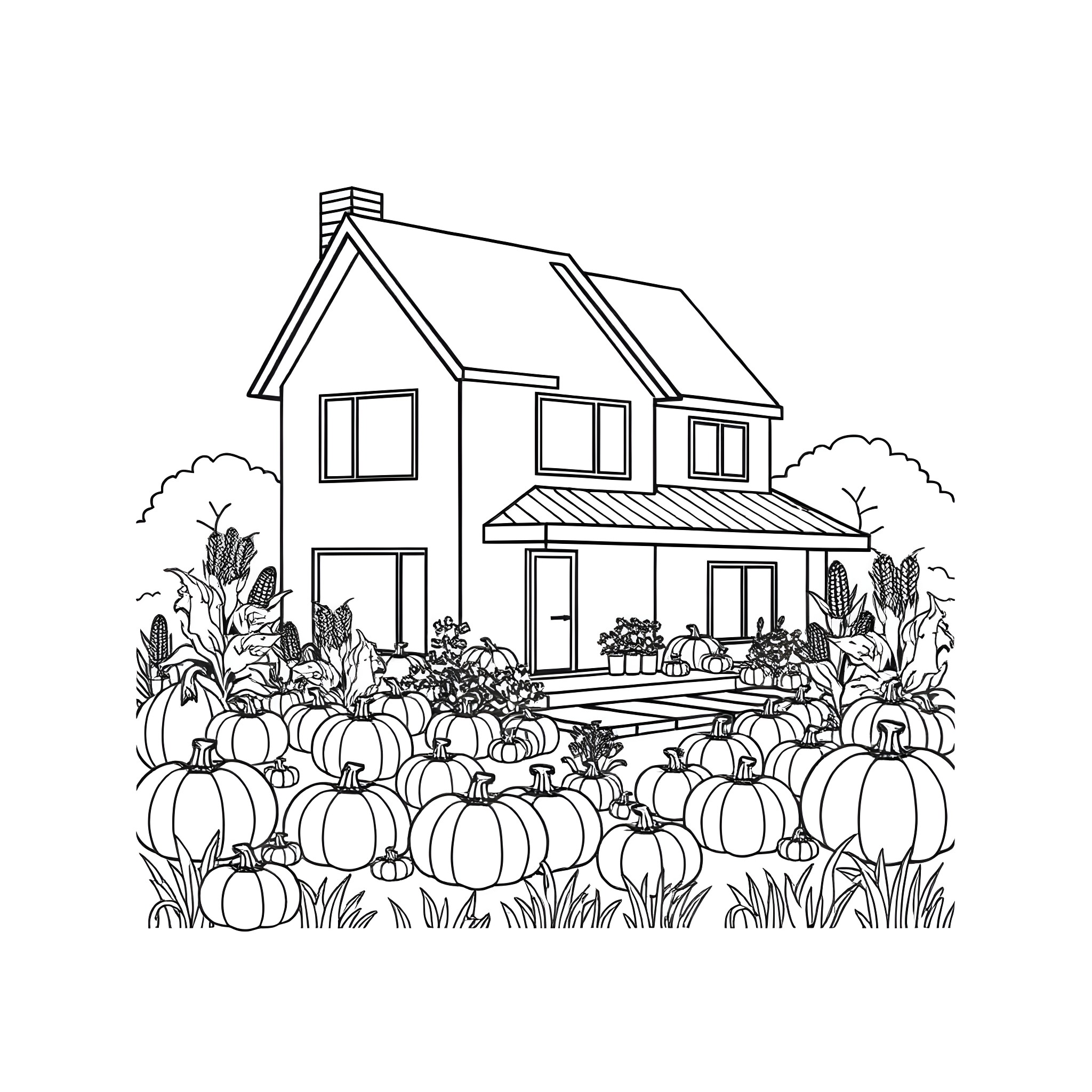 House with pumpkins in the yard Coloring Page (free black-and-white line drawing printable PDF for all, from beginners to advanced learners, including children, teens, adults, and seniors)