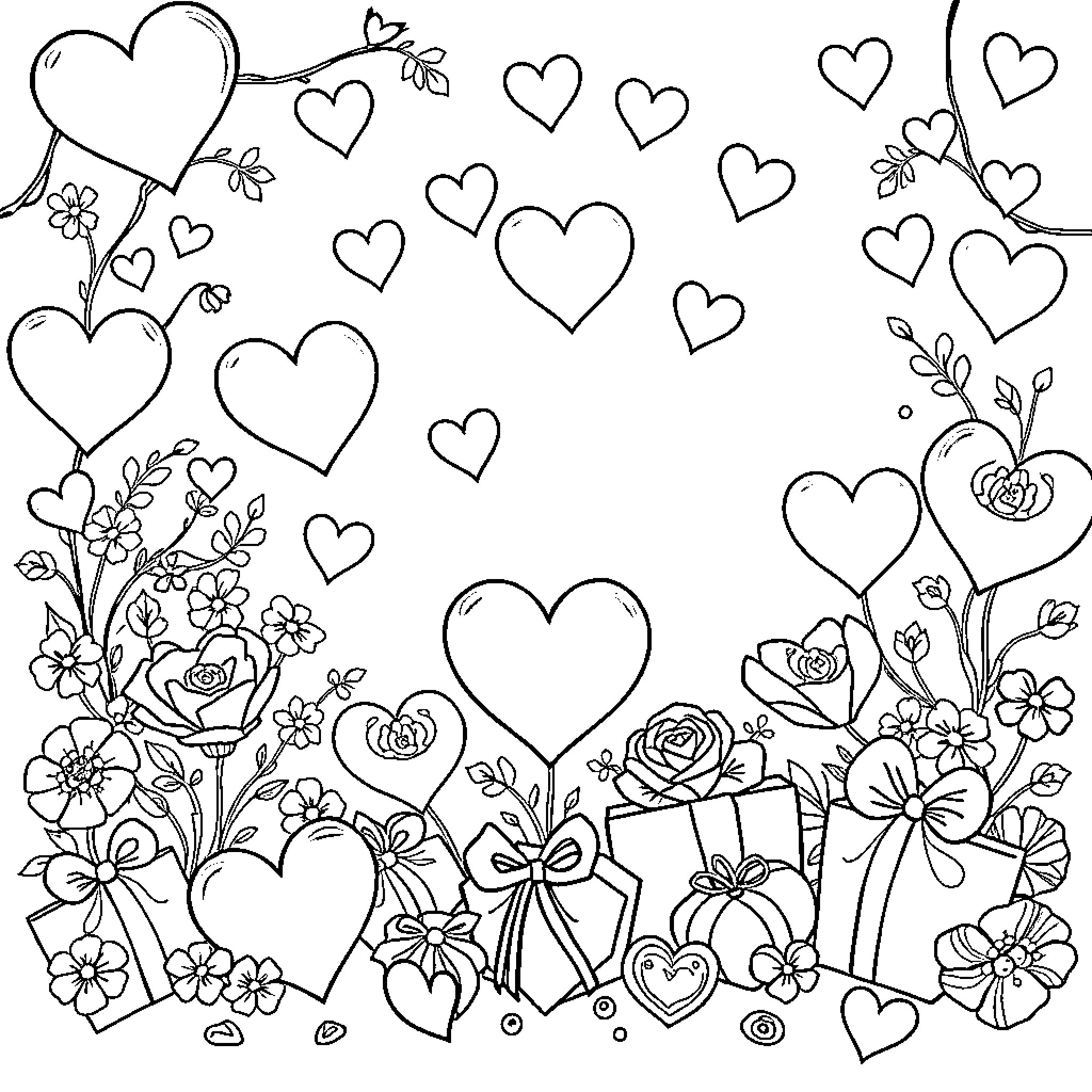 Valentine's Floral Hearts and Gifts Coloring Page (free black-and-white line drawing printable PDF for all, from beginners to advanced learners, including children, teens, adults, and seniors)
