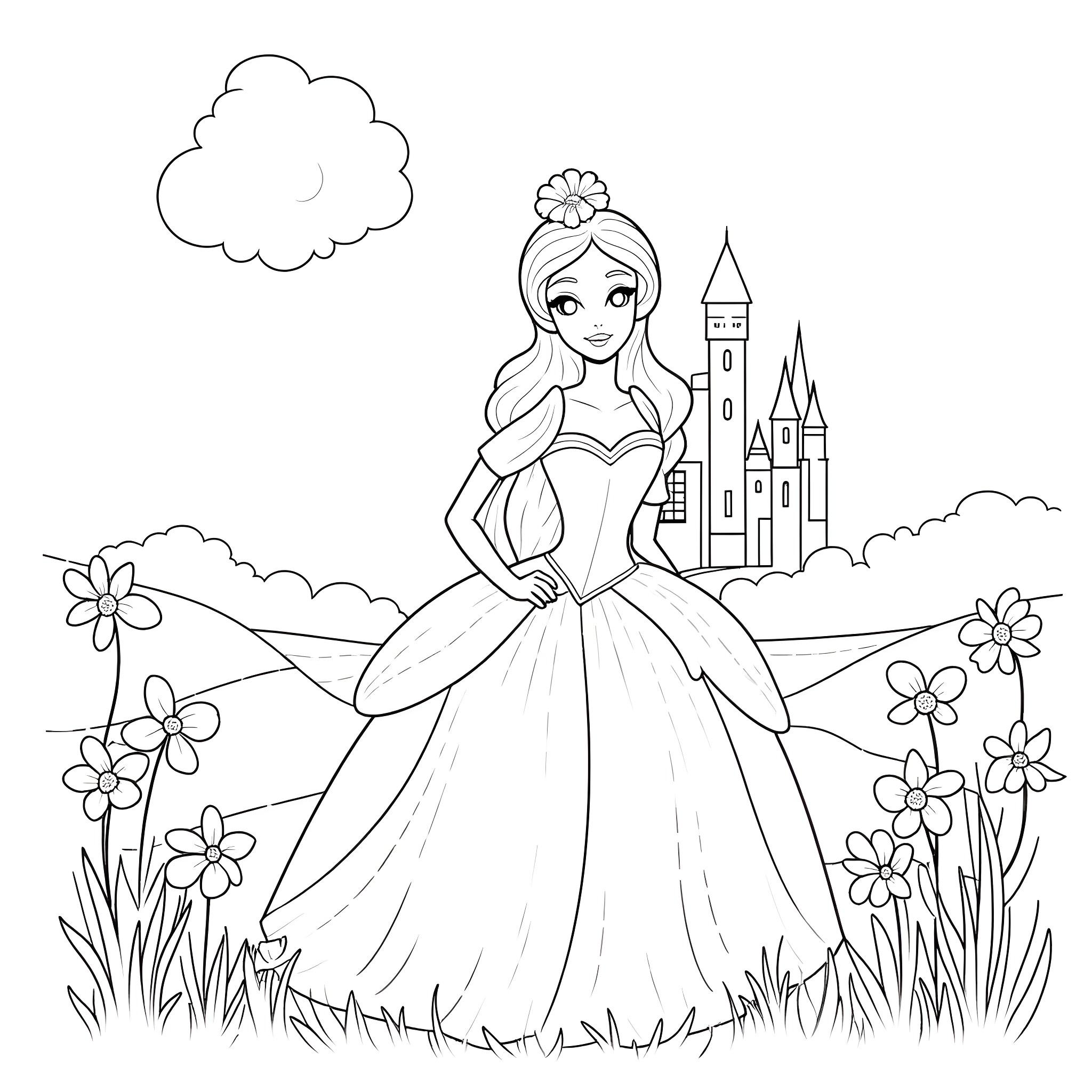 Princess in a beautiful garden with a castle Coloring Page (free black-and-white line drawing printable PDF for all, from beginners to advanced learners, including children, teens, adults, and seniors)