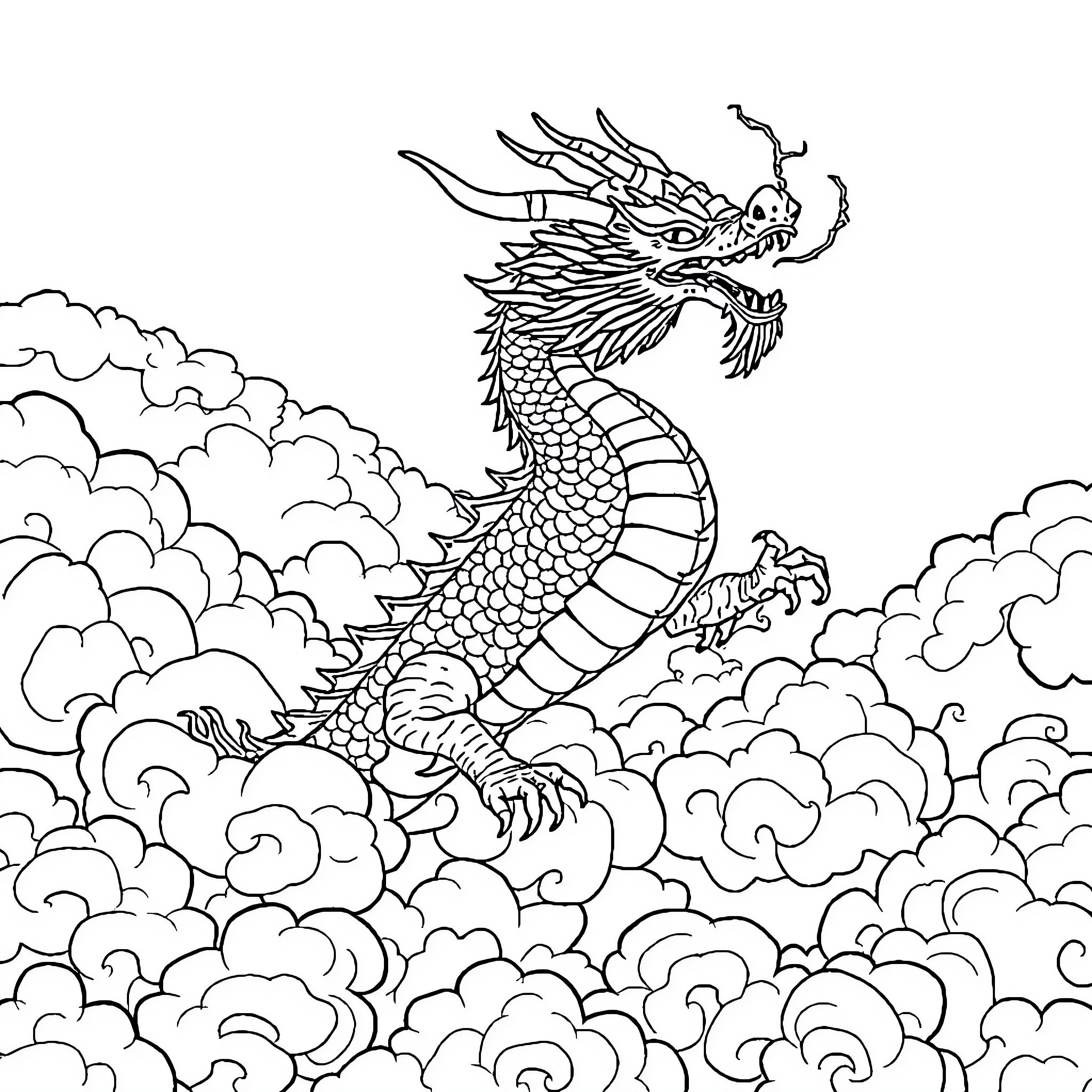 Dragon soaring through cloudy sky Coloring Page (free black-and-white line drawing printable PDF for all, from beginners to advanced learners, including children, teens, adults, and seniors)