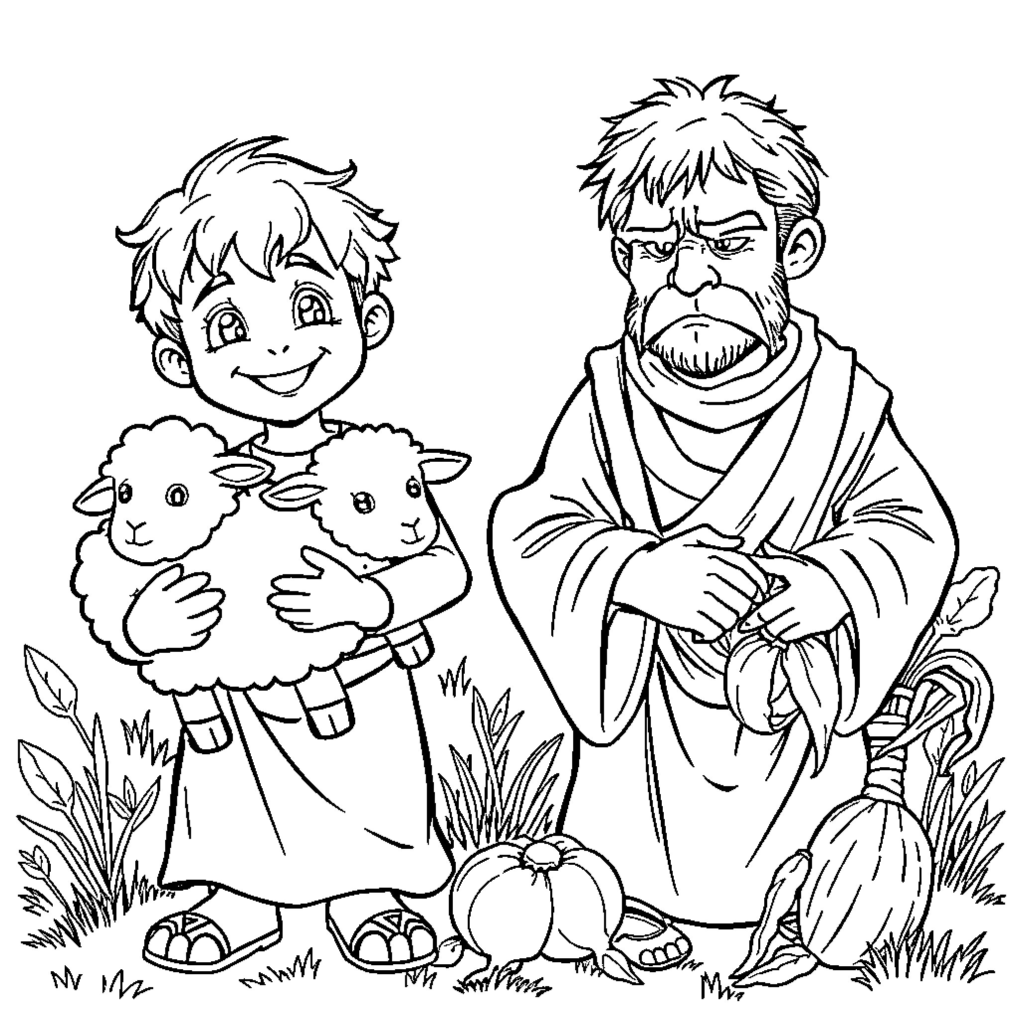Abel and the Shepherd's Flock Coloring Page (free black-and-white line drawing printable PDF for all, from beginners to advanced learners, including children, teens, adults, and seniors)