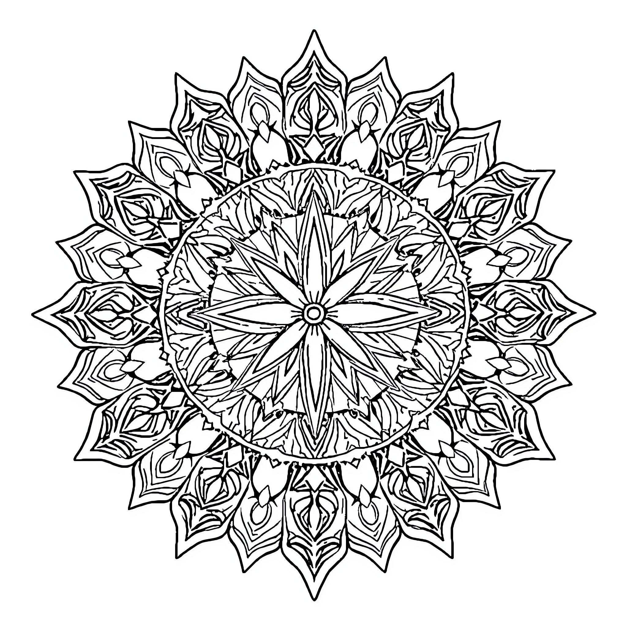 Mandala with intricate floral patterns Coloring Page (free black-and-white line drawing printable PDF for all, from beginners to advanced learners, including children, teens, adults, and seniors)