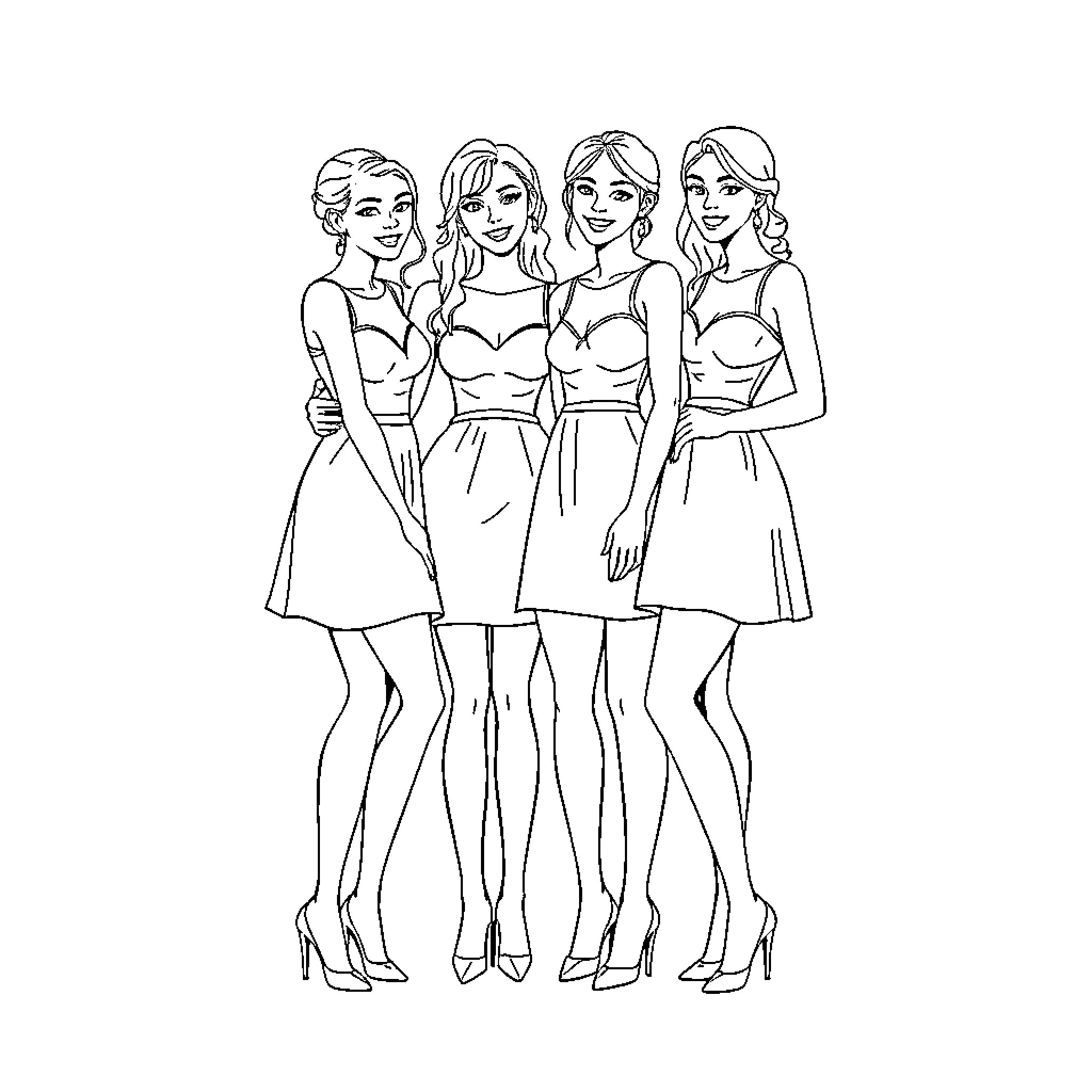 Bridesmaids posing together in dresses Coloring Page (free black-and-white line drawing printable PDF for all, from beginners to advanced learners, including children, teens, adults, and seniors)