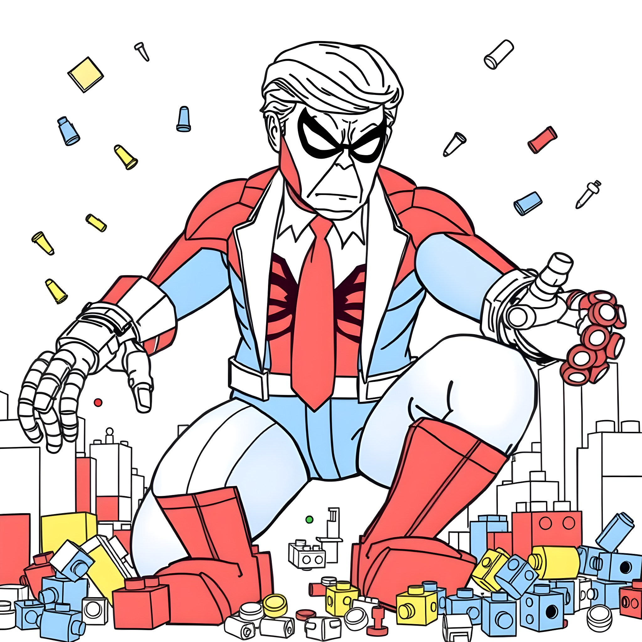 Spiderman in action surrounded by colorful objects Coloring Page (free black-and-white line drawing printable PDF for all, from beginners to advanced learners, including children, teens, adults, and seniors)