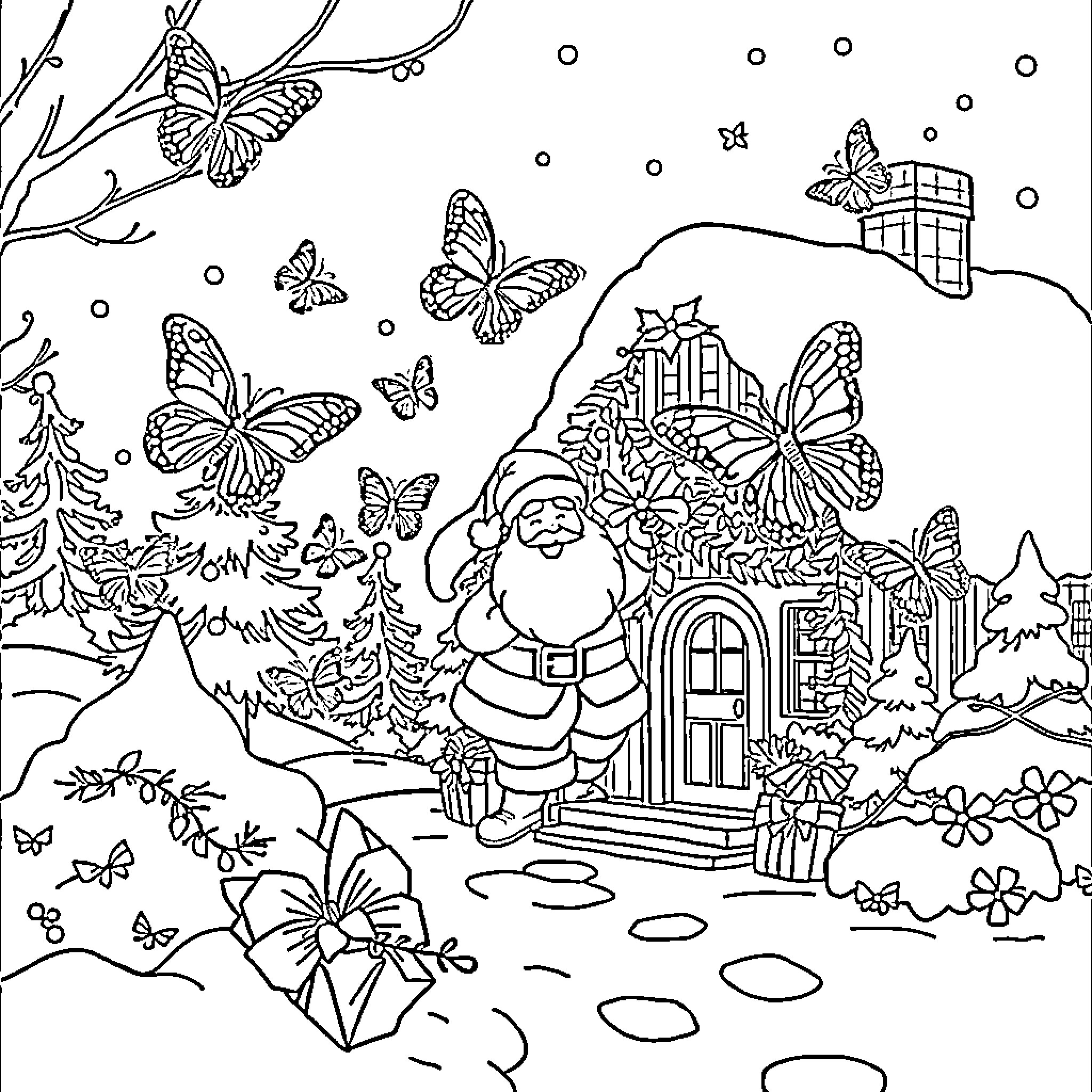 Butterfly Winter Wonderland with Santa Coloring Page (free black-and-white line drawing printable PDF for all, from beginners to advanced learners, including children, teens, adults, and seniors)
