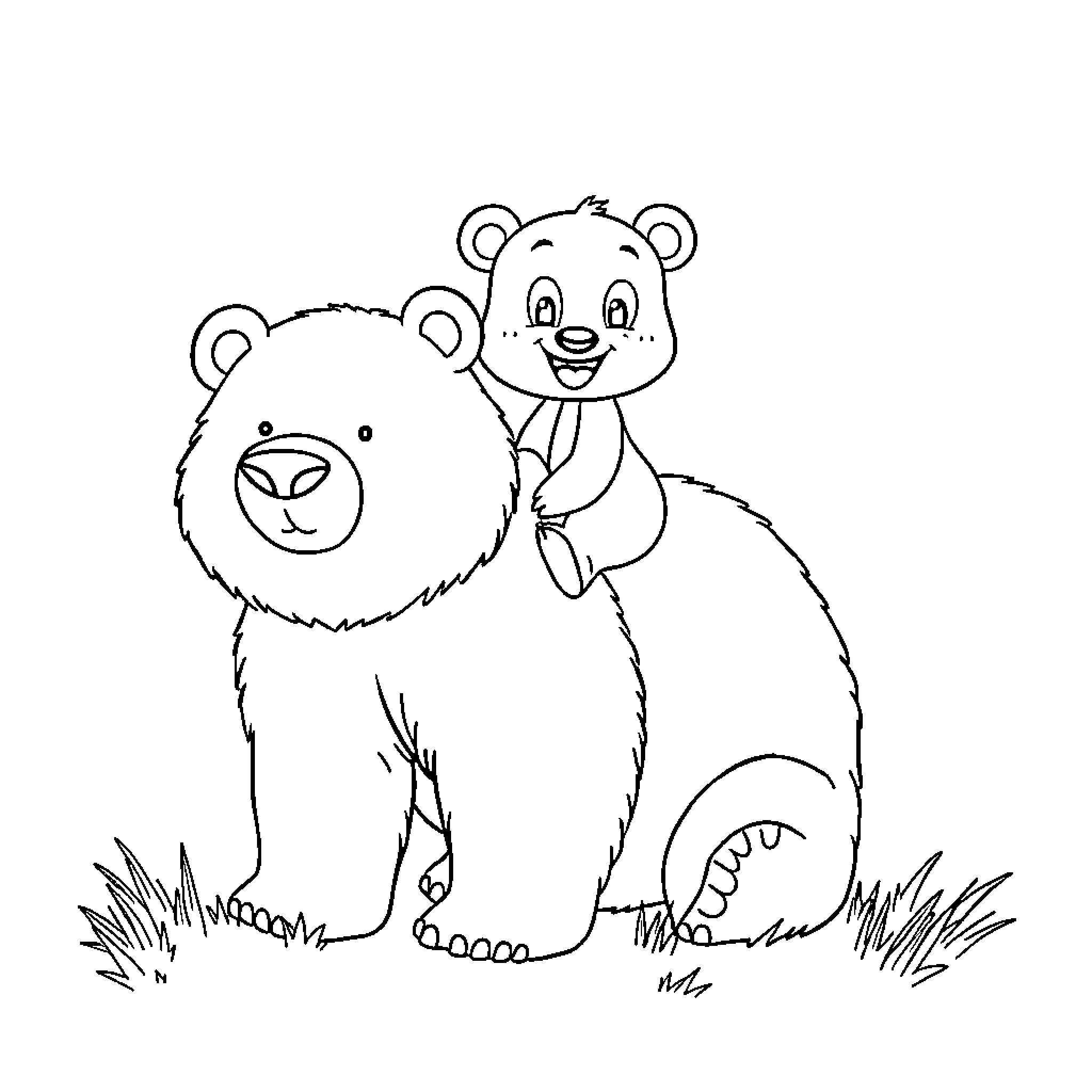 Bluey bears riding together in the grass Coloring Page (free black-and-white line drawing printable PDF for all, from beginners to advanced learners, including children, teens, adults, and seniors)