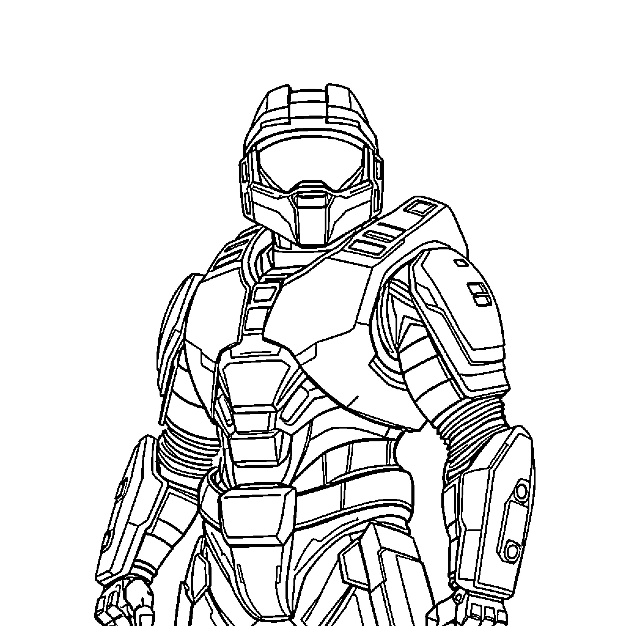 Masterchief in Futuristic Armored Suit Coloring Page (free black-and-white line drawing printable PDF for all, from beginners to advanced learners, including children, teens, adults, and seniors)