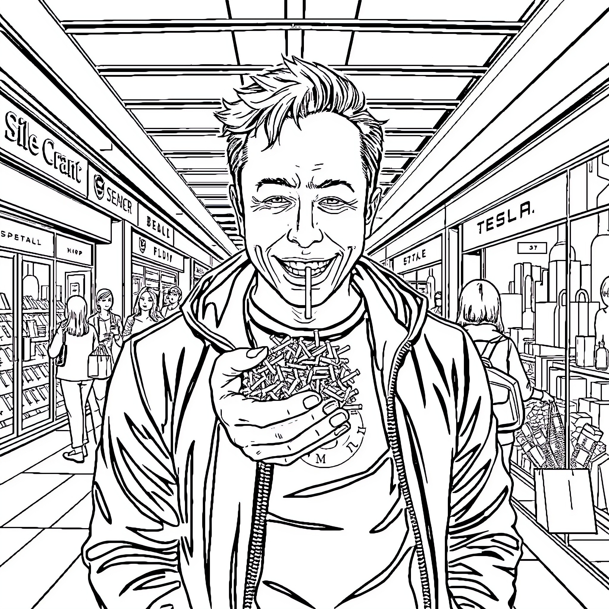 Elon Musk in a Casual Setting Coloring Page (free black-and-white line drawing printable PDF for all, from beginners to advanced learners, including children, teens, adults, and seniors)