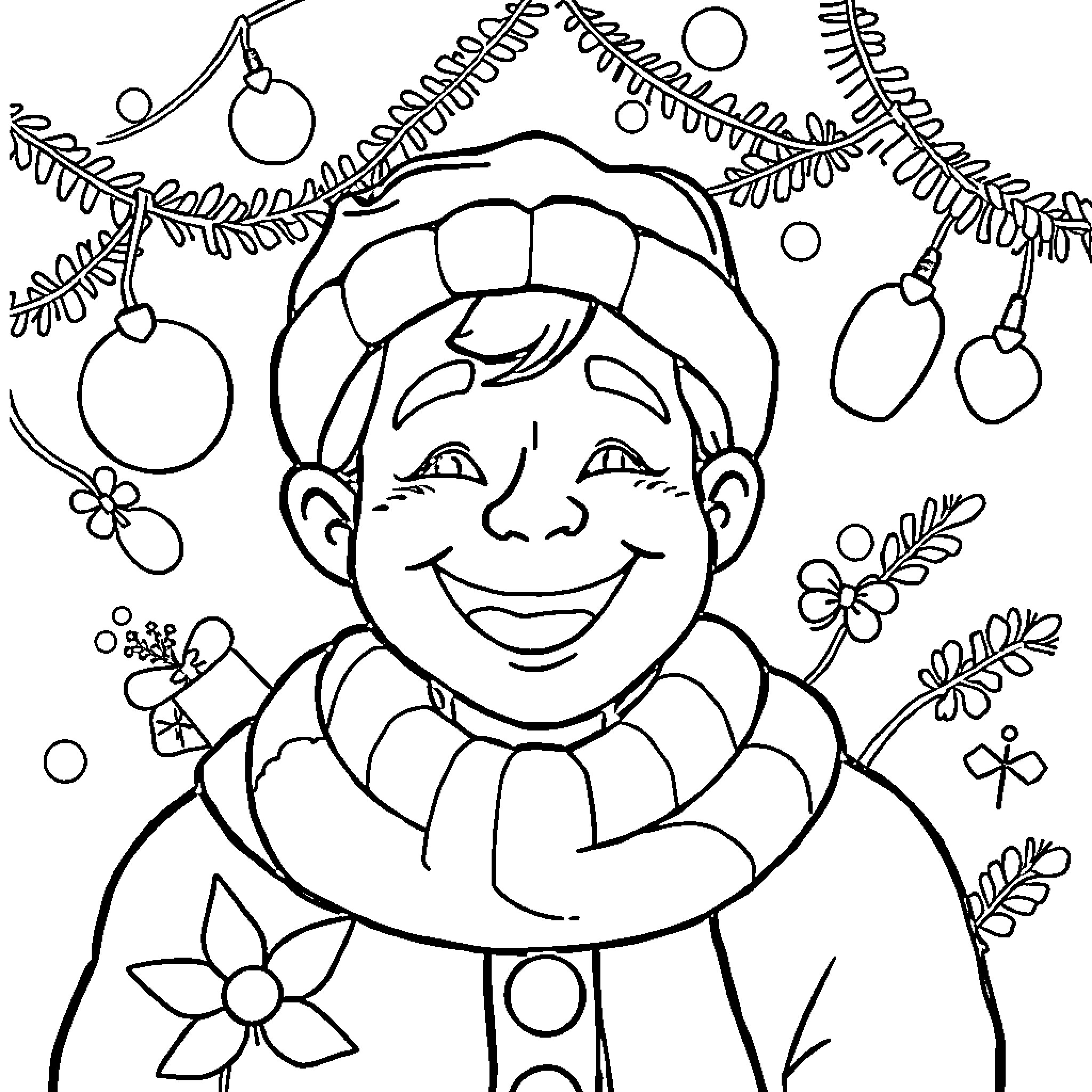 Noel's Festive Celebration with Smiling Clown Coloring Page (free black-and-white line drawing printable PDF for all, from beginners to advanced learners, including children, teens, adults, and seniors)