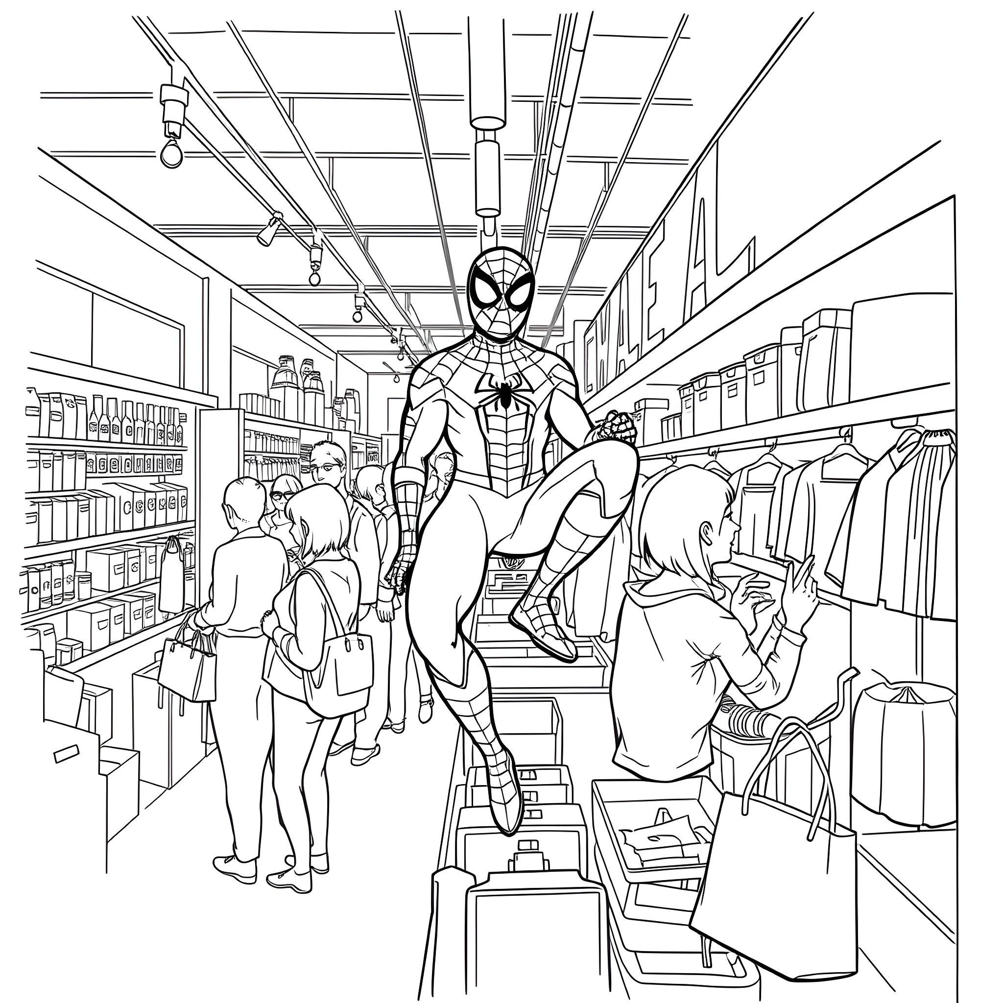 Spider-Man's Heroic Presence in a Retail Setting Coloring Page (free black-and-white line drawing printable PDF for all, from beginners to advanced learners, including children, teens, adults, and seniors)