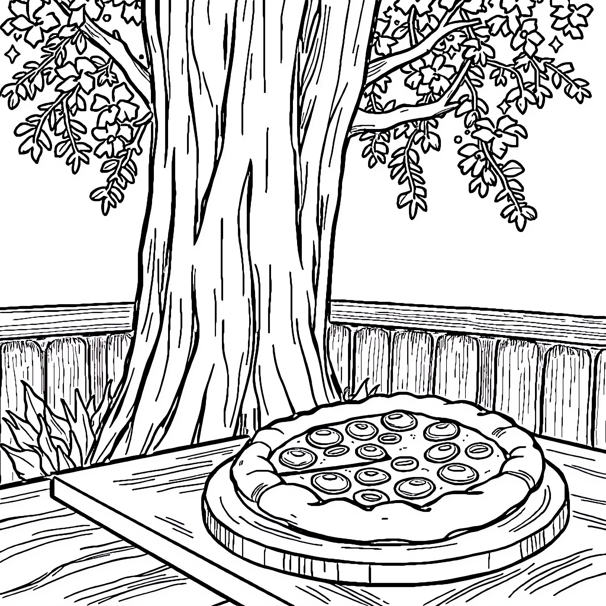 Tree with flowers casting shadows on a picnic table Coloring Page (free black-and-white line drawing printable PDF for all, from beginners to advanced learners, including children, teens, adults, and seniors)