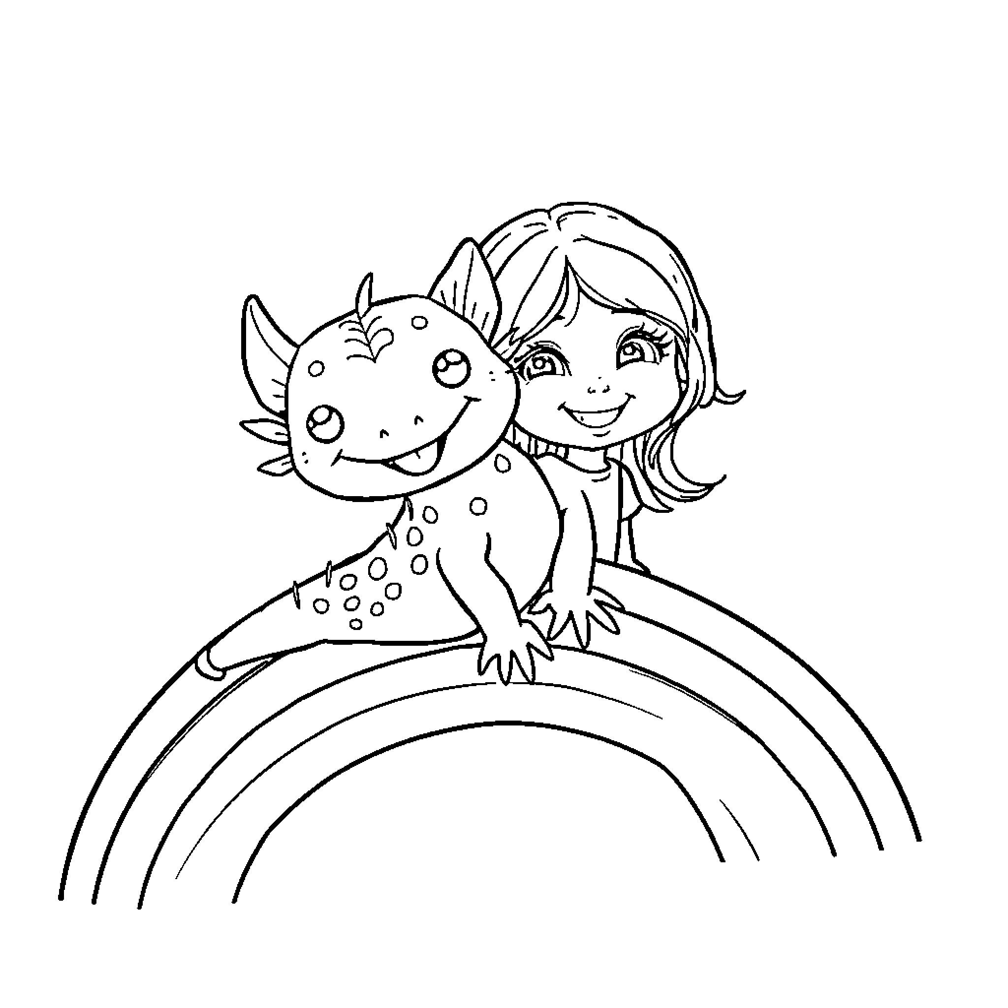 Axolotl and girl playing on rainbow Coloring Page (free black-and-white line drawing printable PDF for all, from beginners to advanced learners, including children, teens, adults, and seniors)