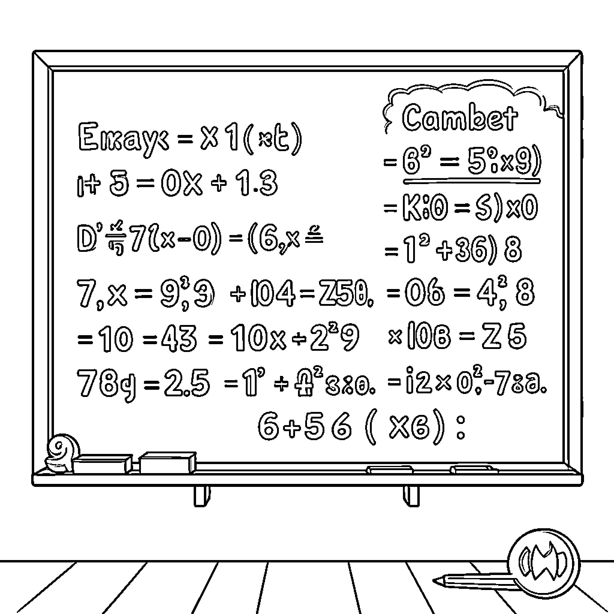 Math equations and formulas on school board Coloring Page (free black-and-white line drawing printable PDF for all, from beginners to advanced learners, including children, teens, adults, and seniors)