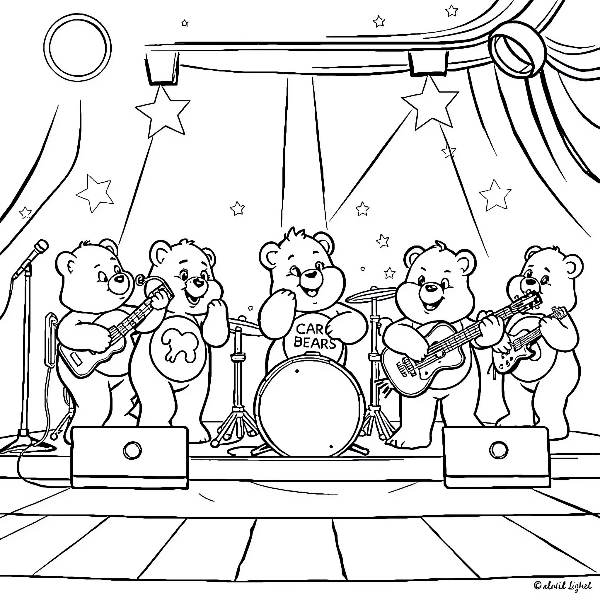 Carebear Band Performing on Stage Coloring Page (free black-and-white line drawing printable PDF for all, from beginners to advanced learners, including children, teens, adults, and seniors)