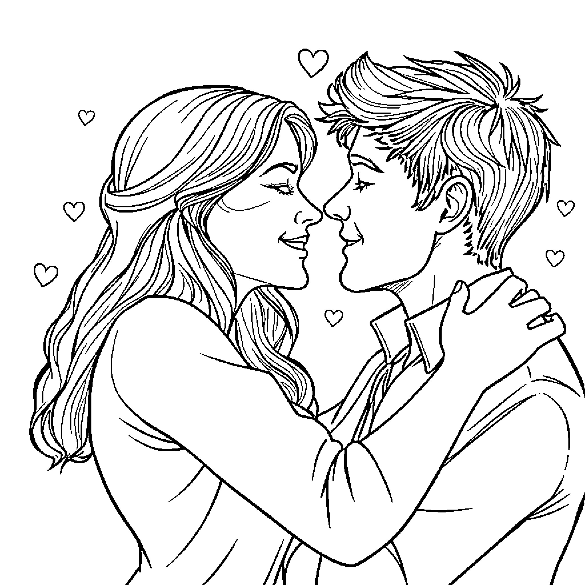 Love in the moment between two people Coloring Page (free black-and-white line drawing printable PDF for all, from beginners to advanced learners, including children, teens, adults, and seniors)