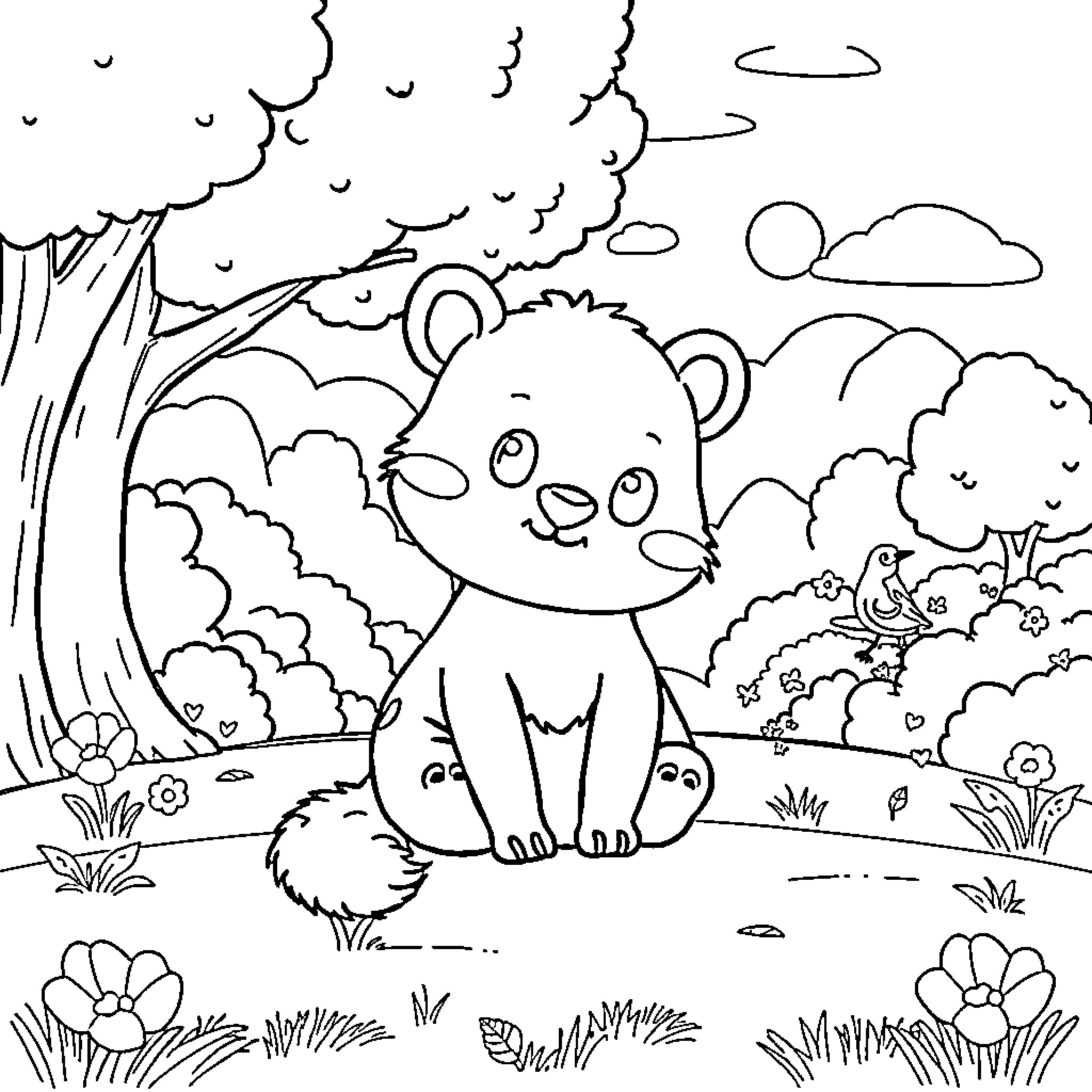 Animal sitting in the nature landscape Coloring Page (free black-and-white line drawing printable PDF for all, from beginners to advanced learners, including children, teens, adults, and seniors)
