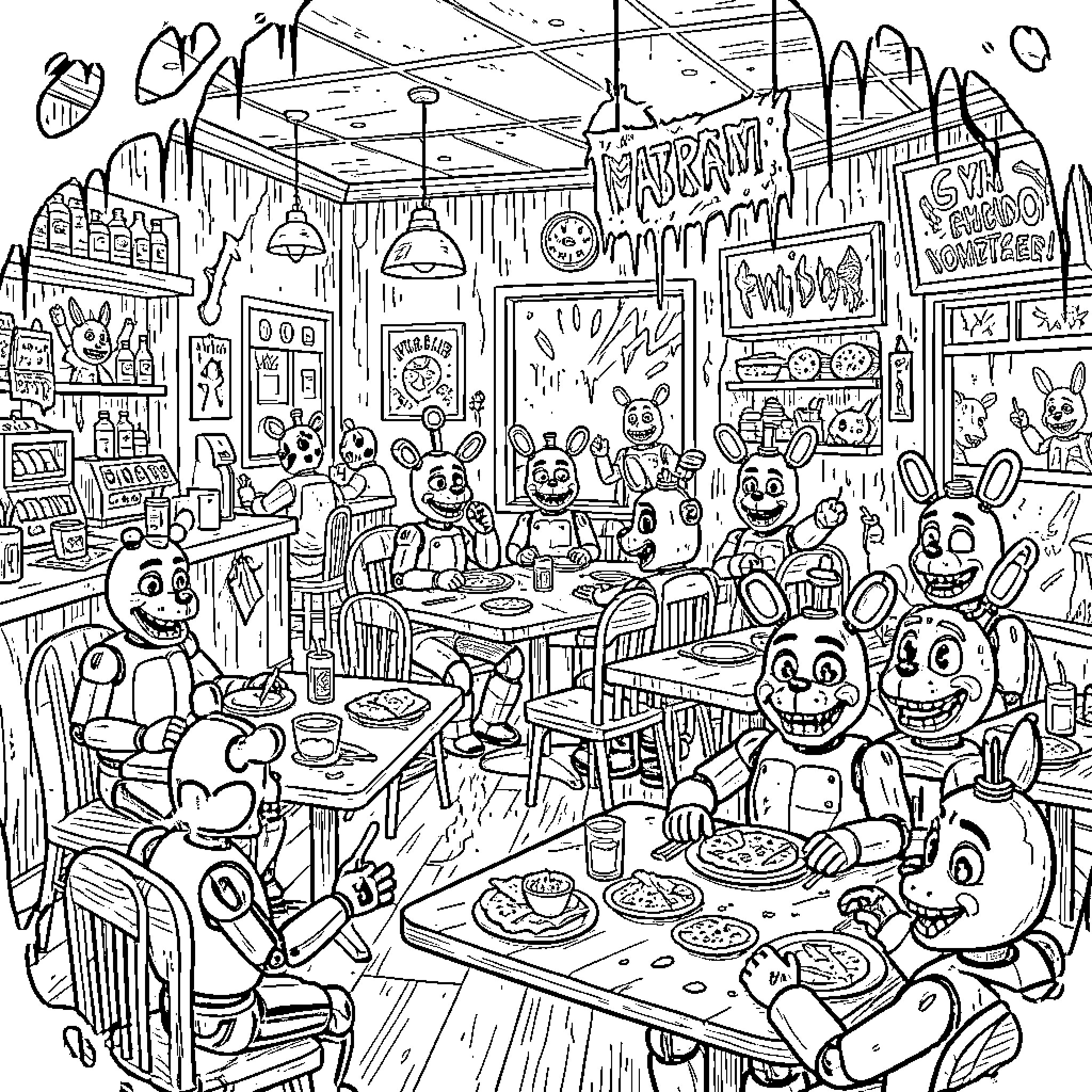 Five Nights At Freddy's animatronics enjoying a meal together Coloring Page (free black-and-white line drawing printable PDF for all, from beginners to advanced learners, including children, teens, adults, and seniors)