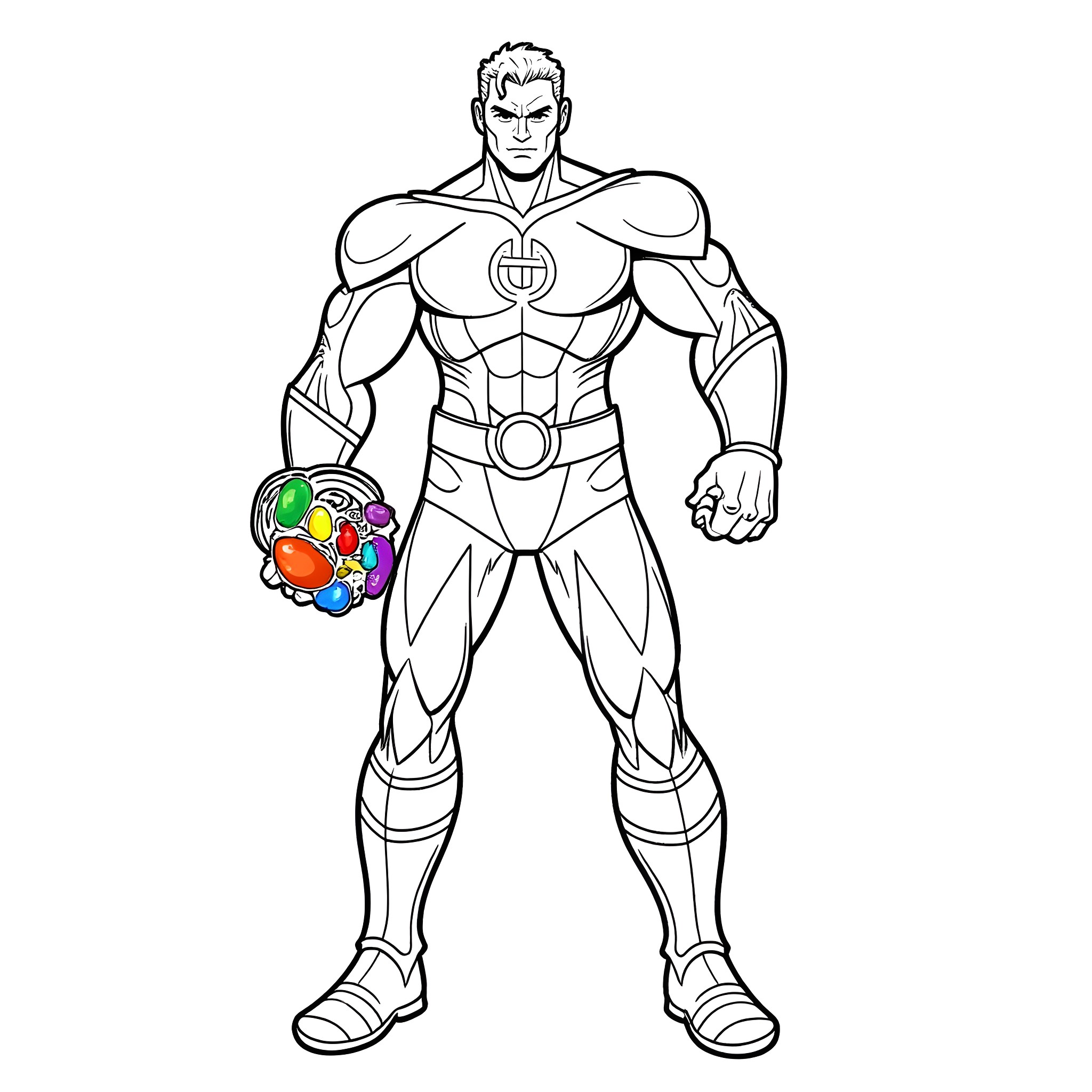 Captain Planet in heroic pose with colorful power Coloring Page (free black-and-white line drawing printable PDF for all, from beginners to advanced learners, including children, teens, adults, and seniors)