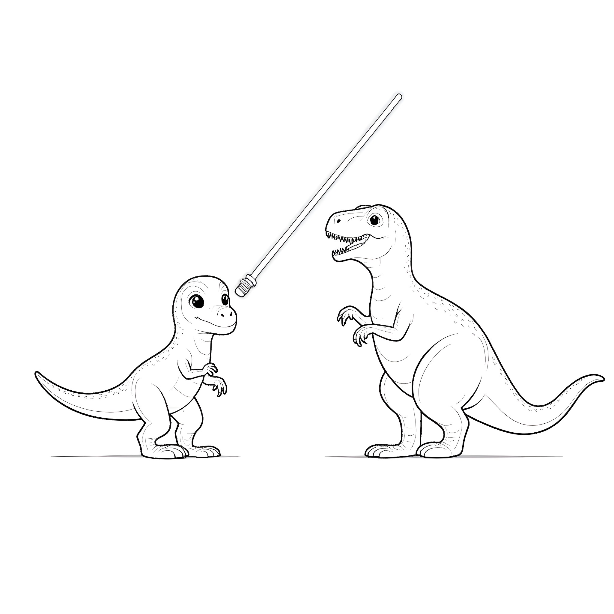 Dinosaurs playing with lightsaber Coloring Page (free black-and-white line drawing printable PDF for all, from beginners to advanced learners, including children, teens, adults, and seniors)