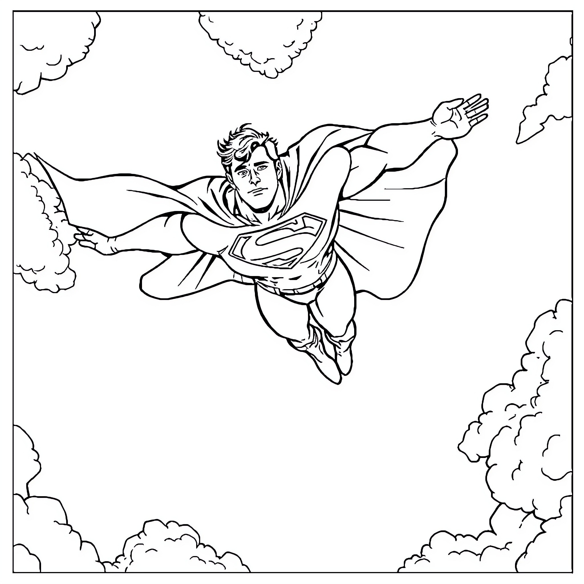 Superman soaring through the sky Coloring Page (free black-and-white line drawing printable PDF for all, from beginners to advanced learners, including children, teens, adults, and seniors)