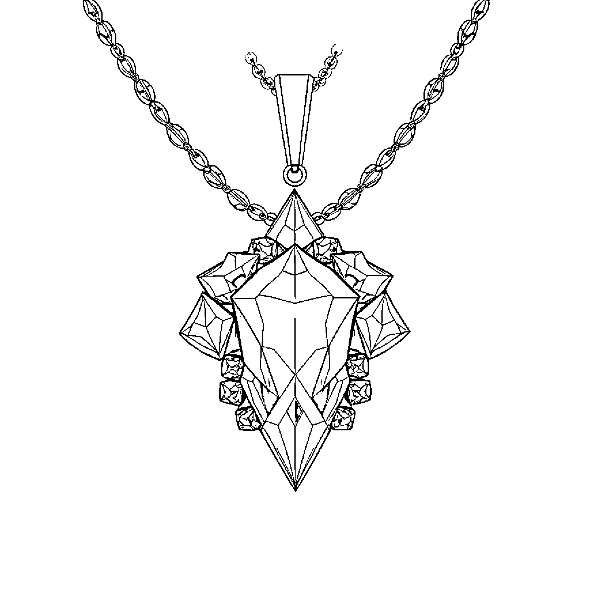 Necklace with Geometric Crystal Pendant Coloring Page (free black-and-white line drawing printable PDF for all, from beginners to advanced learners, including children, teens, adults, and seniors)