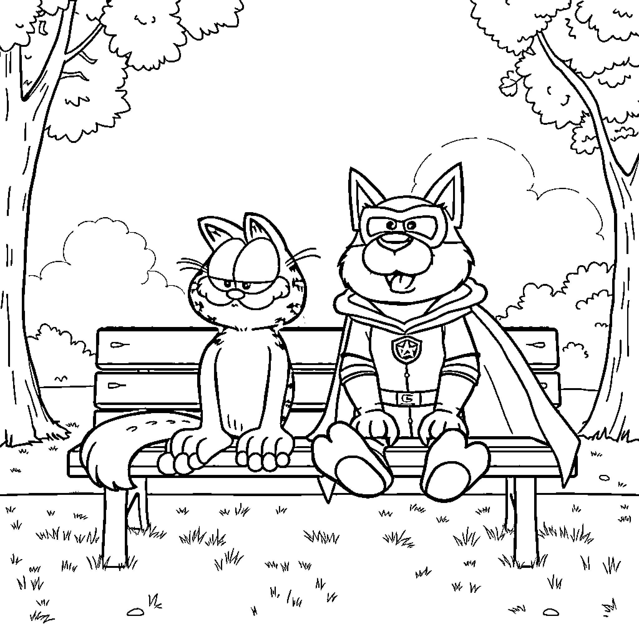 Garfield and Odie's Outdoor Adventure Coloring Page (free black-and-white line drawing printable PDF for all, from beginners to advanced learners, including children, teens, adults, and seniors)