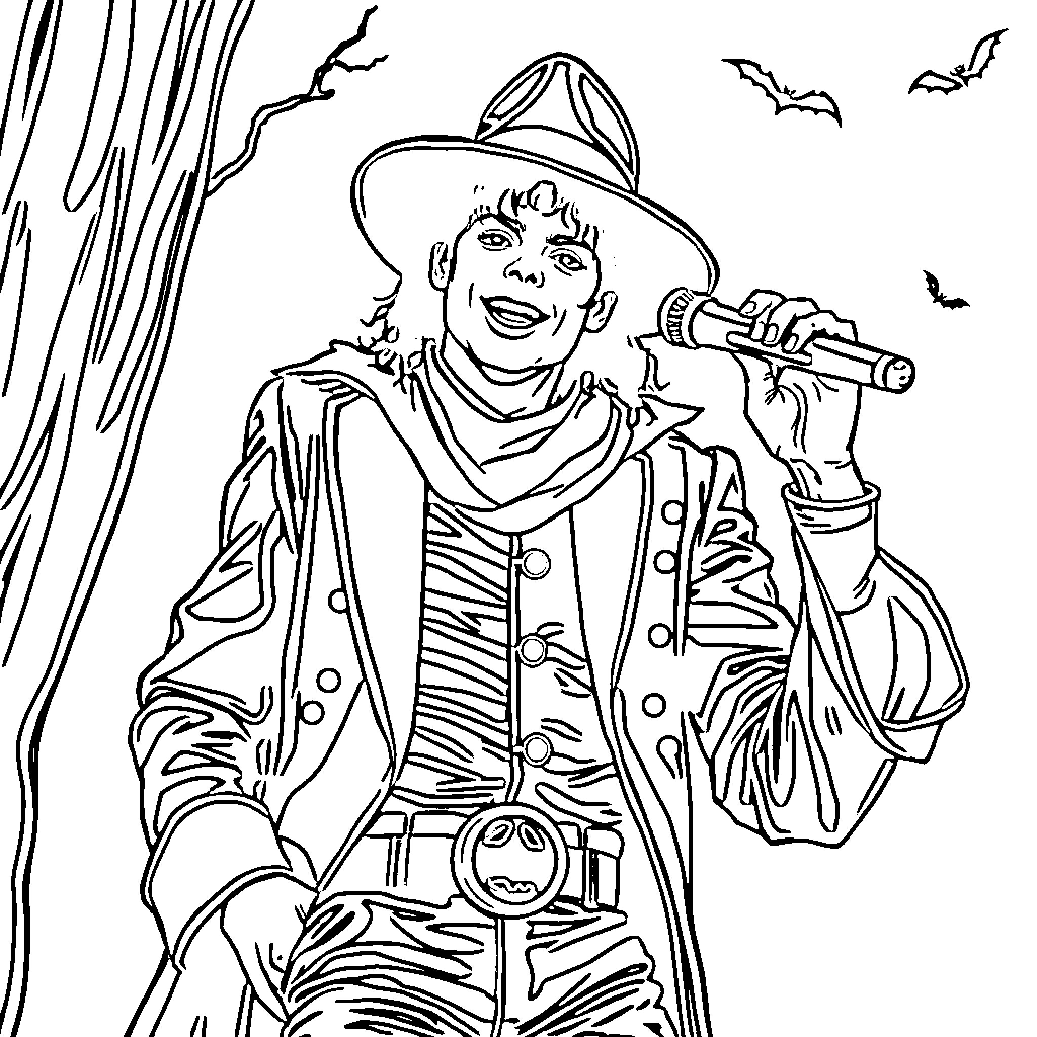 Michael Jackson performing on stage with theatrics Coloring Page (free black-and-white line drawing printable PDF for all, from beginners to advanced learners, including children, teens, adults, and seniors)