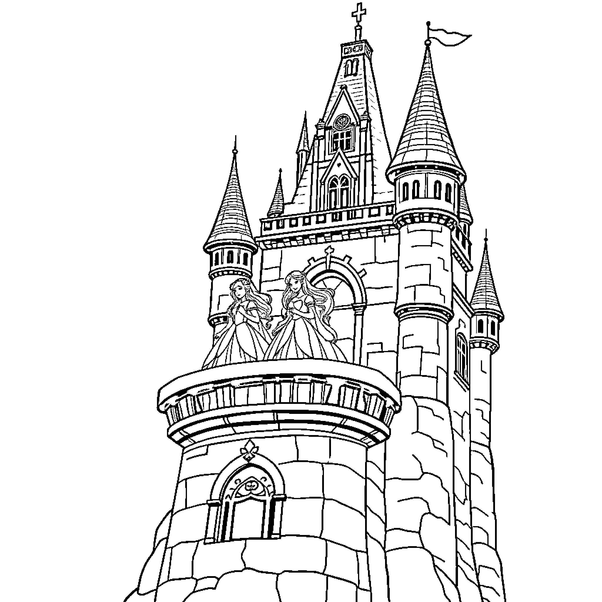 Princess Maidens Admiring Castle Towers Coloring Page (free black-and-white line drawing printable PDF for all, from beginners to advanced learners, including children, teens, adults, and seniors)