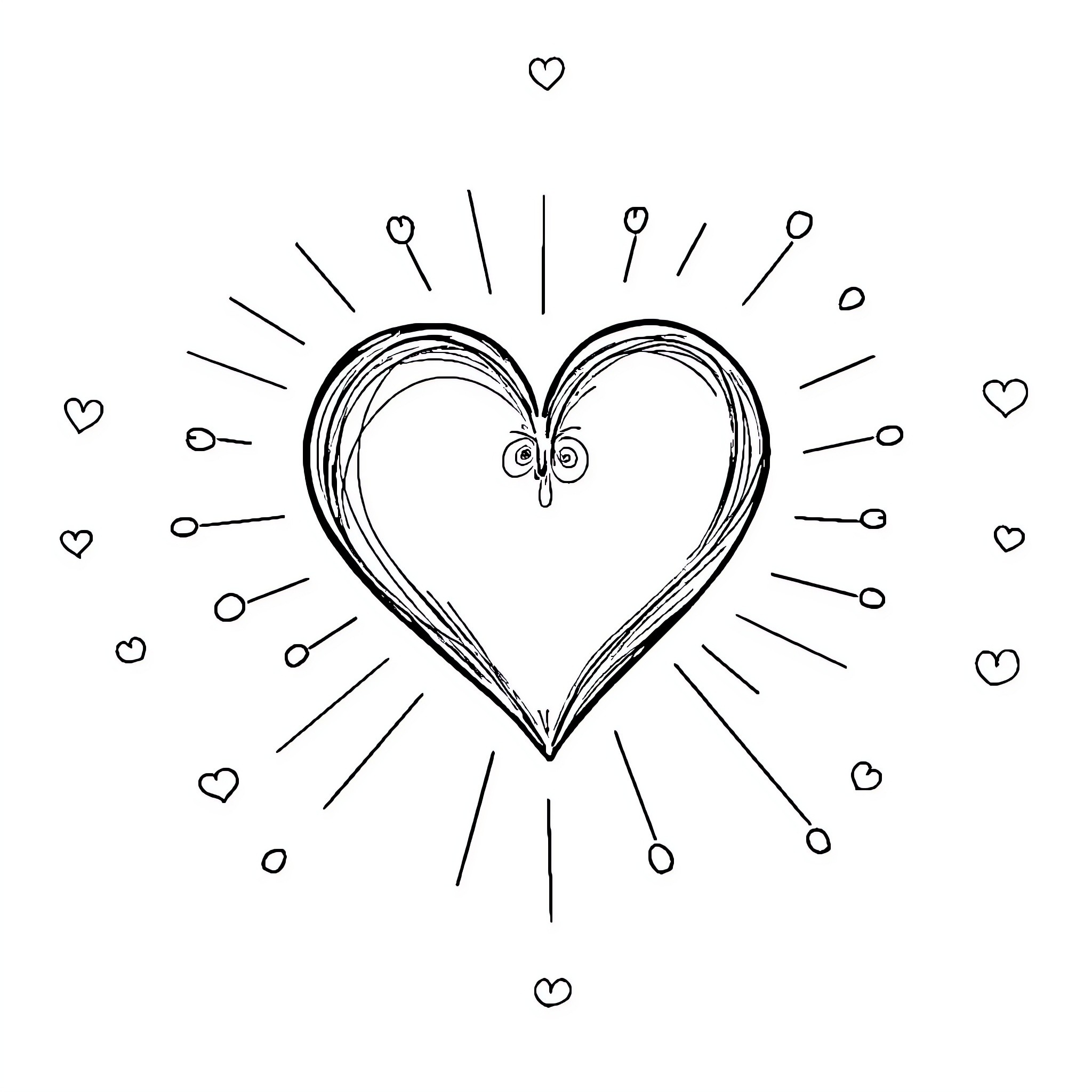 Heart Filled with Radiant Love and Joy Coloring Page (free black-and-white line drawing printable PDF for all, from beginners to advanced learners, including children, teens, adults, and seniors)