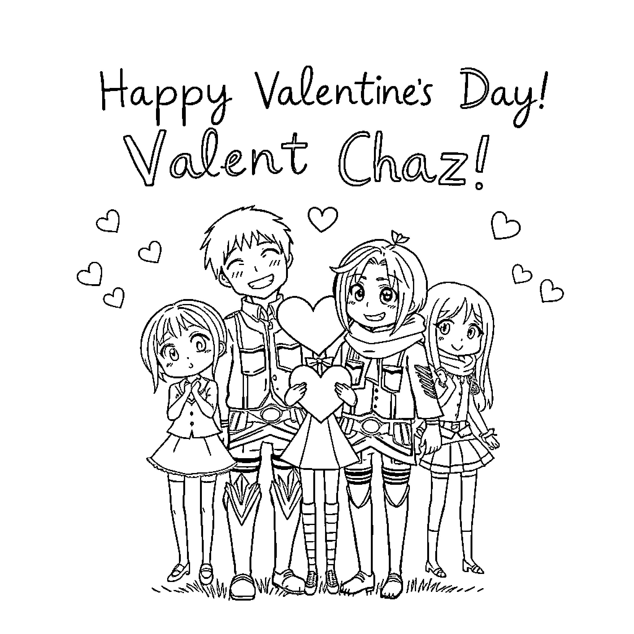 Attack on Titan: Group celebrating Valentine's Day Coloring Page (free black-and-white line drawing printable PDF for all, from beginners to advanced learners, including children, teens, adults, and seniors)