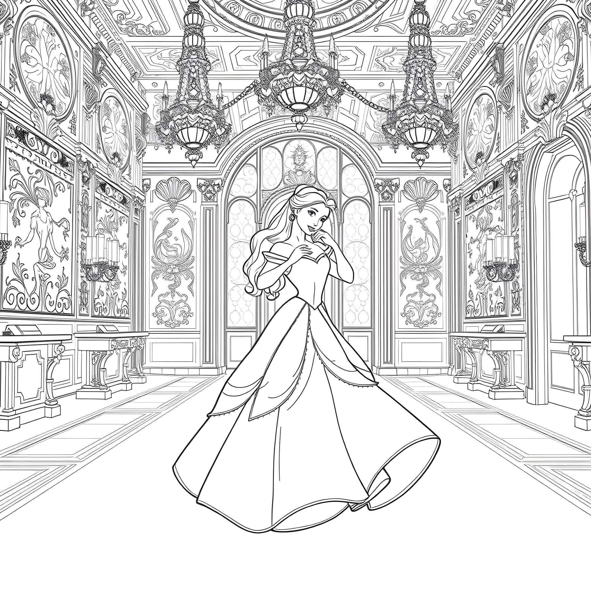 Belle's Elegant Dance in Ornate Palace Coloring Page (free black-and-white line drawing printable PDF for all, from beginners to advanced learners, including children, teens, adults, and seniors)