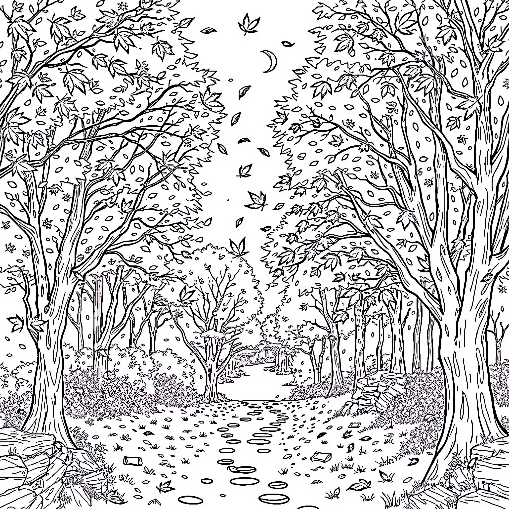 Autumn Stroll Through the Enchanting Forest Coloring Page (free black-and-white line drawing printable PDF for all, from beginners to advanced learners, including children, teens, adults, and seniors)