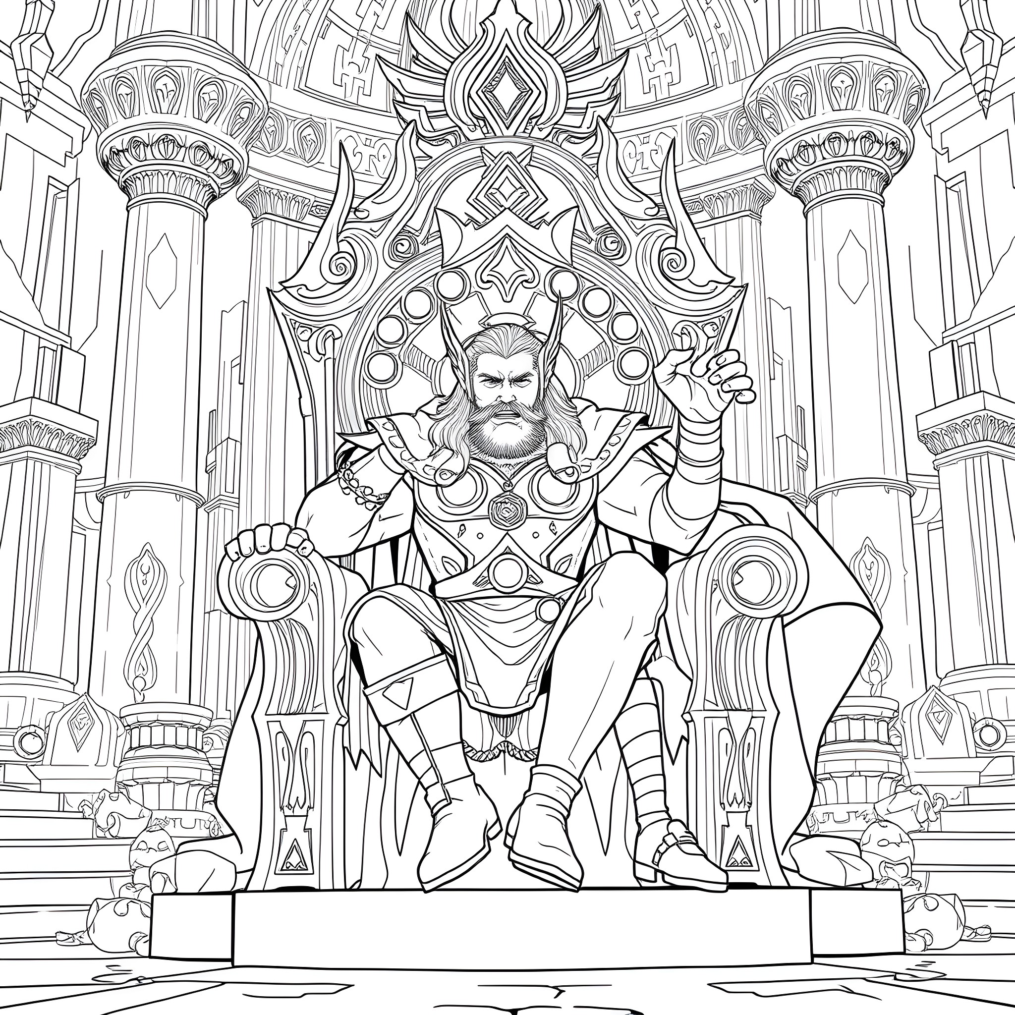 Thor in Ornate Palace Chamber Coloring Page (free black-and-white line drawing printable PDF for all, from beginners to advanced learners, including children, teens, adults, and seniors)