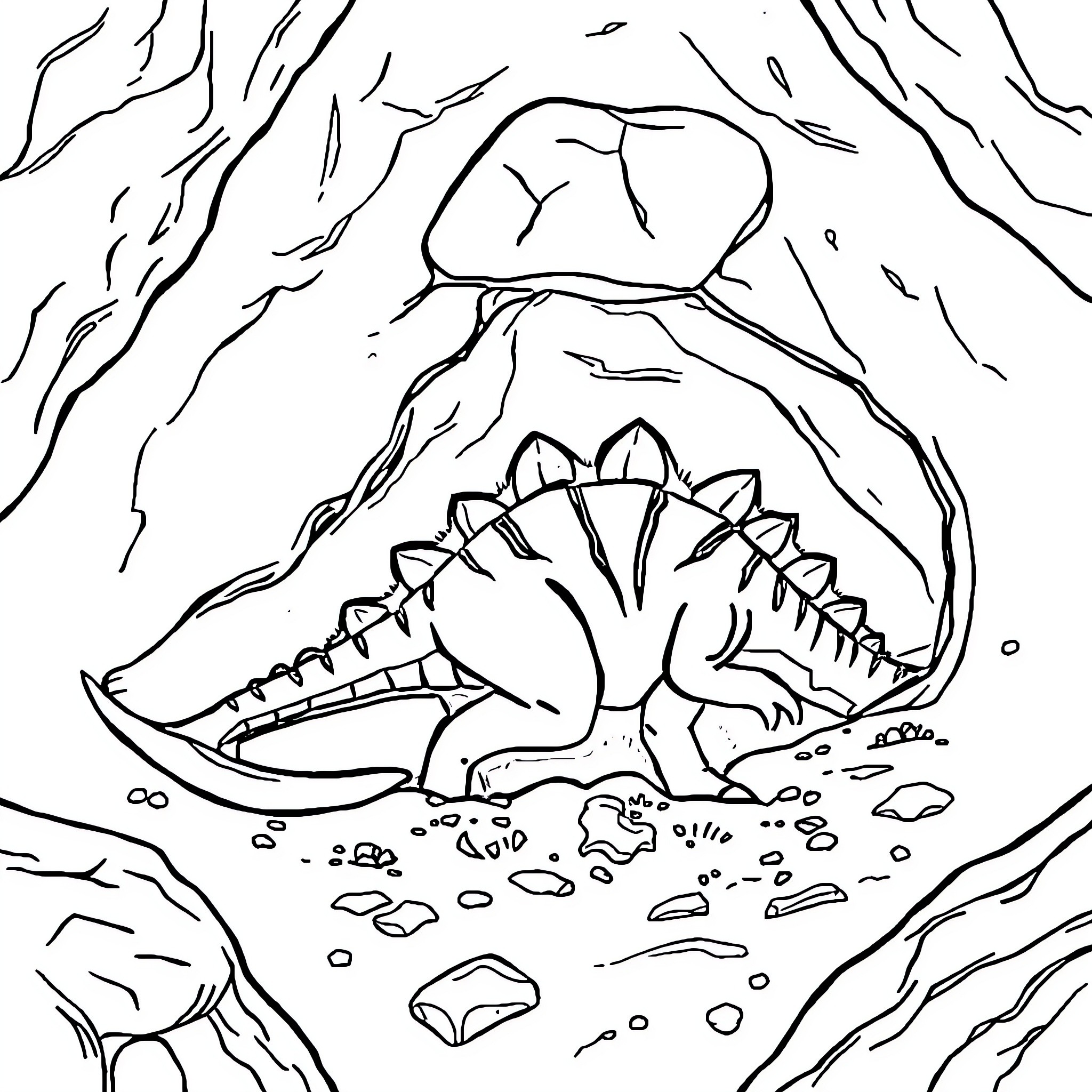 Dinosaur exploring the rocky terrain Coloring Page (free black-and-white line drawing printable PDF for all, from beginners to advanced learners, including children, teens, adults, and seniors)