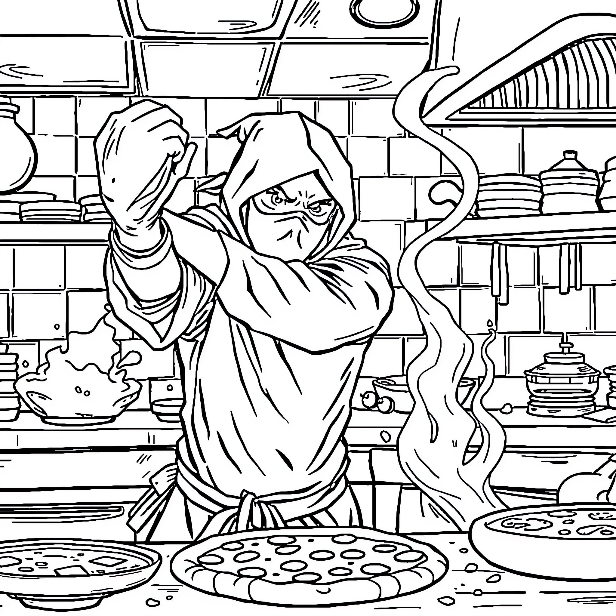 Ninja chef skillfully preparing a meal in the kitchen Coloring Page (free black-and-white line drawing printable PDF for all, from beginners to advanced learners, including children, teens, adults, and seniors)